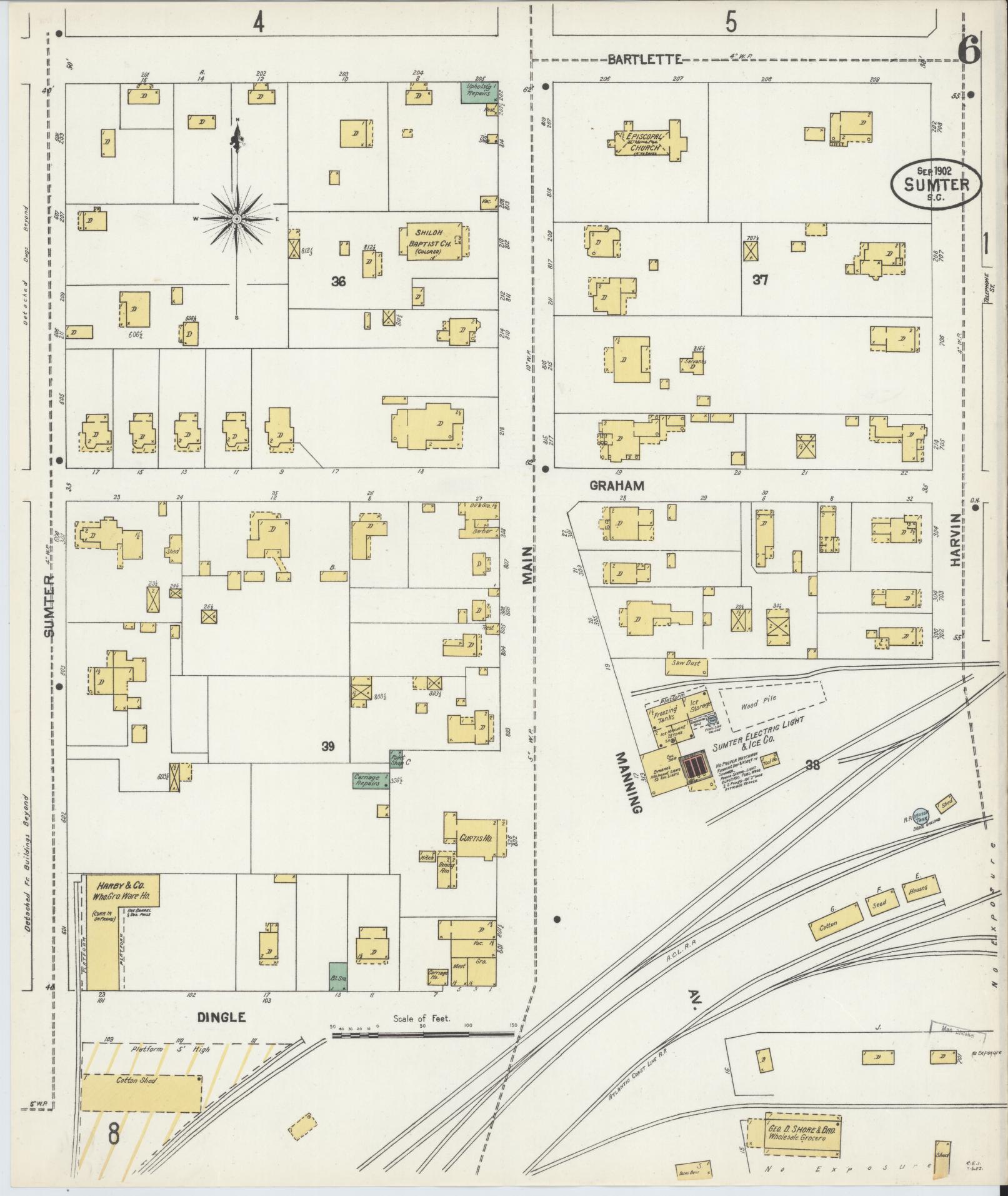 Sanborn Fire Insurance Map from Sumter, Sumter County, South Carolina (1902), Sheet #0006 - Historic Sanborn Fire Insurance Map Print, vintage old map wall art, antique decor, genealogy gift, South Carolina South Carolina map