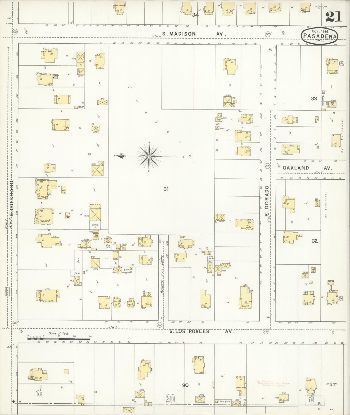 Sanborn Fire Insurance Map from Pasadena, Los Angeles County, California (1894), Sheet #0021 - Complete Map Set gallery image, historic Sanborn map, vintage wall art, California California