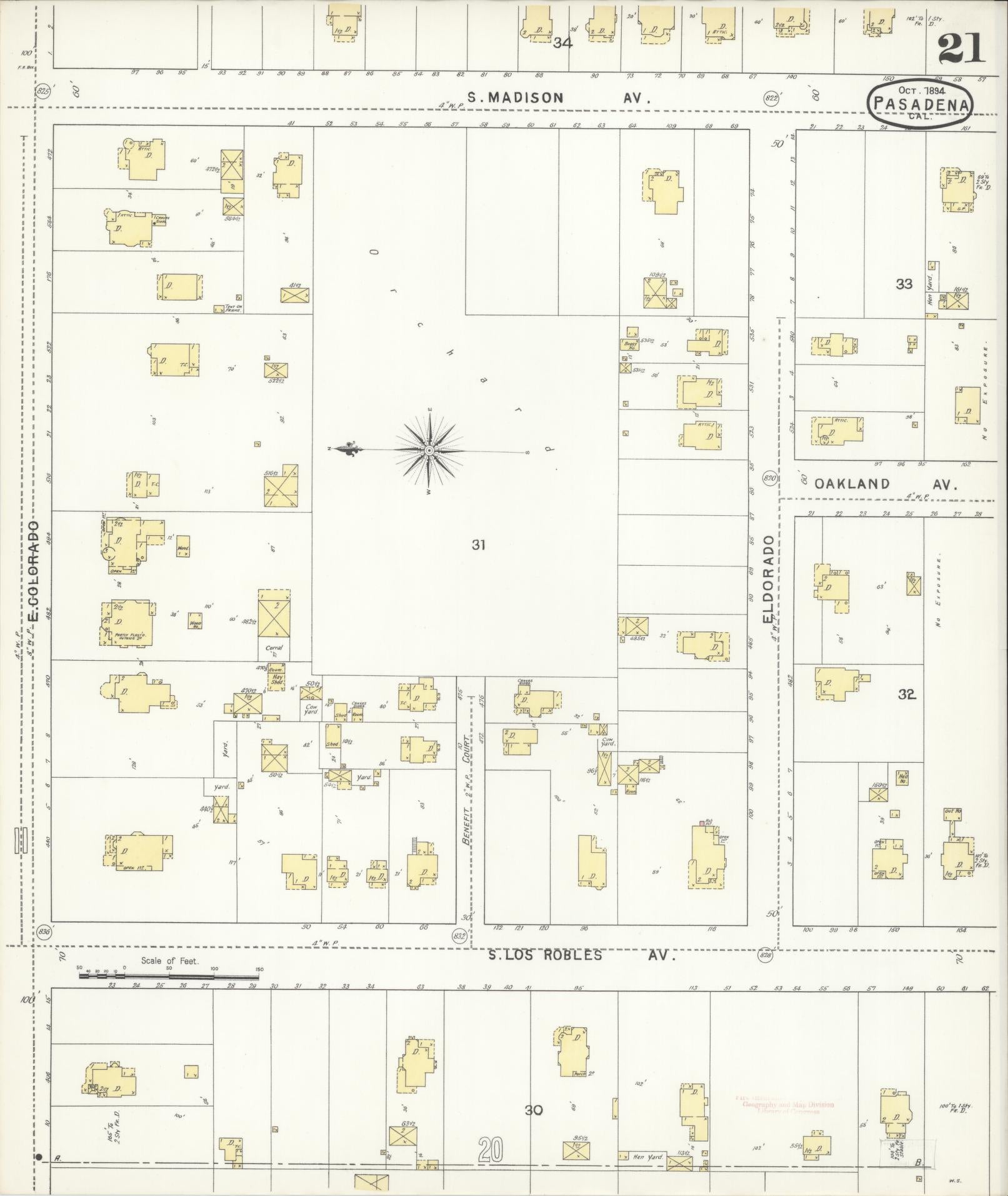 Sanborn Fire Insurance Map from Pasadena, Los Angeles County, California (1894), Sheet #0021 - Complete Map Set gallery image, historic Sanborn map, vintage wall art, California California
