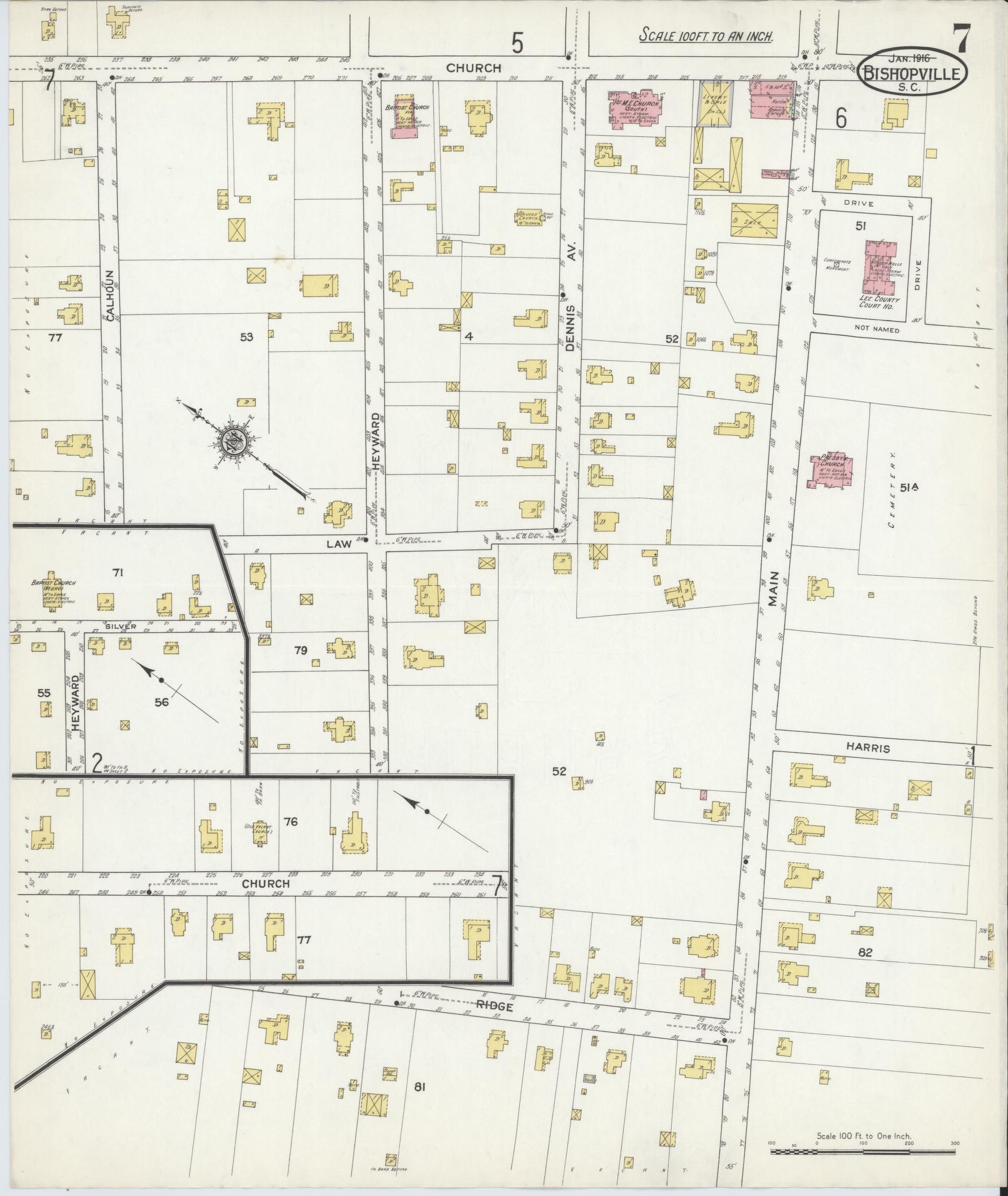 Sanborn Fire Insurance Map from Bishopville, Lee County, South Carolina (1916), Sheet #0007 - Complete Map Set gallery image, historic Sanborn map, vintage wall art, South Carolina South Carolina
