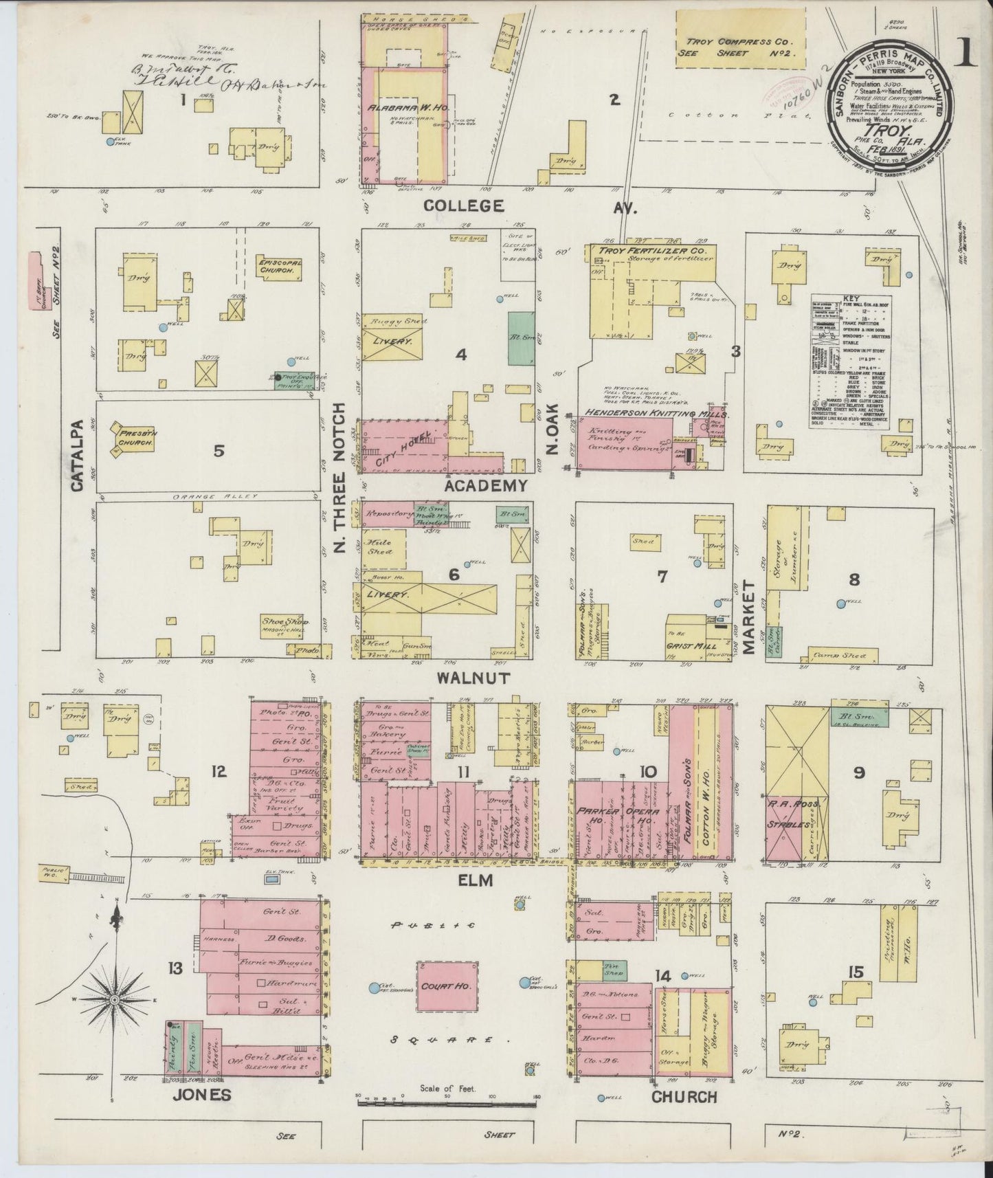 Sanborn Fire Insurance Map from Troy, Pike County, Alabama (1891), Sheet #0001 - Complete Map Set gallery image, historic Sanborn map, vintage wall art, Alabama Alabama