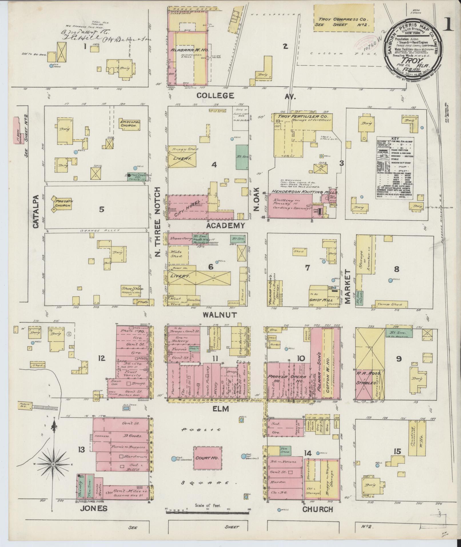 Sanborn Fire Insurance Map from Troy, Pike County, Alabama (1891), Sheet #0001 - Complete Map Set gallery image, historic Sanborn map, vintage wall art, Alabama Alabama