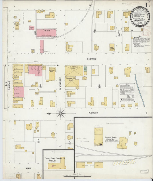 Sanborn Fire Insurance Map from Moultrie, Colquitt County, Georgia (1899), Sheet #0001 - Historic Sanborn Fire Insurance Map Print, vintage old map wall art, antique decor, genealogy gift, Georgia Georgia map