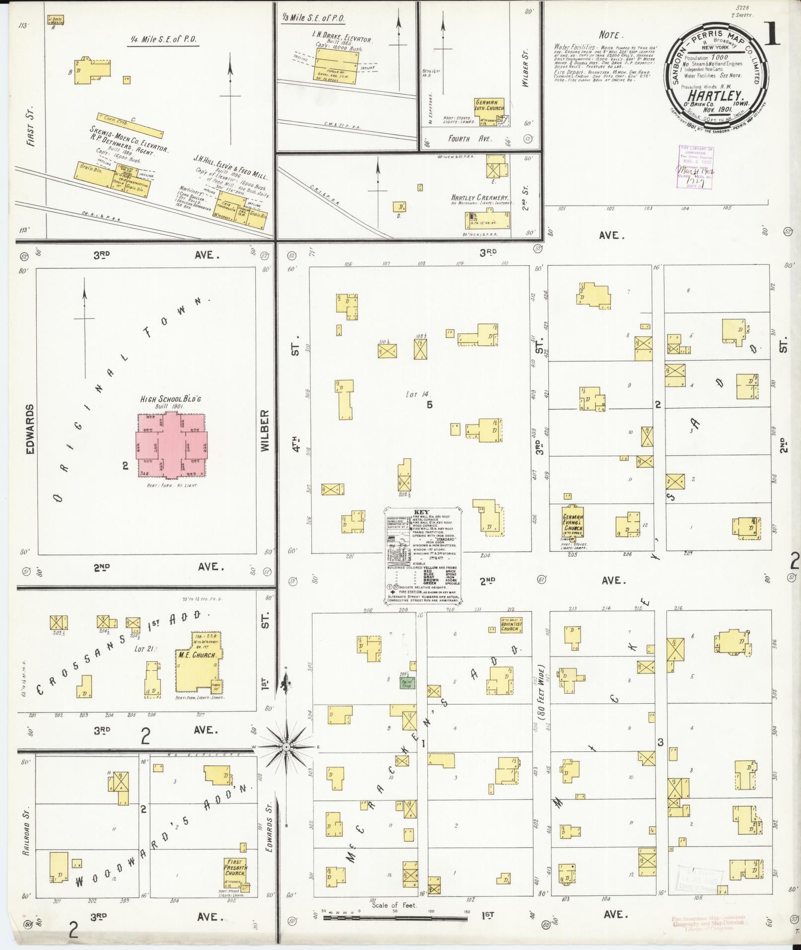 Sanborn Fire Insurance Map from Hartley, O'Brien County, Iowa (1901), Sheet #0001 - Historic Sanborn Fire Insurance Map Print, vintage old map wall art