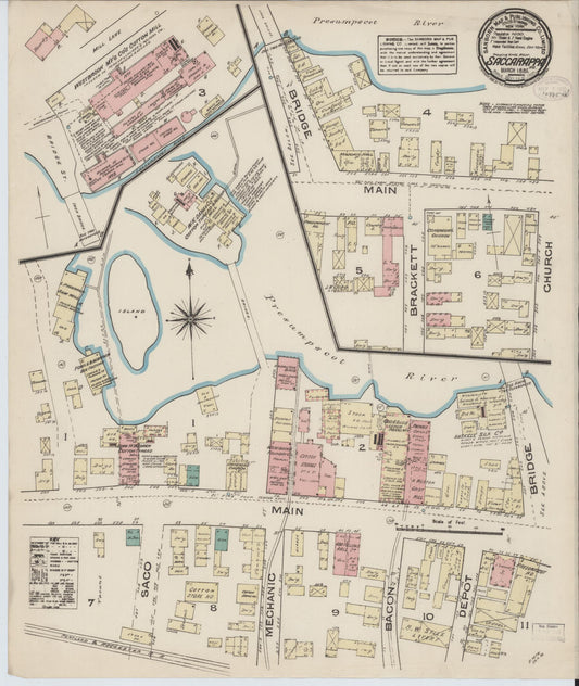 Sanborn Fire Insurance Map from Saccarappa, Cumberland County, Maine (1885), Sheet #0001 - Historic Sanborn Fire Insurance Map Print, vintage old map wall art, antique decor, genealogy gift, Maine Maine map