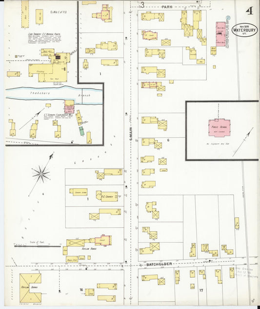 Sanborn Fire Insurance Map from Waterbury, Washington County, Vermont (1899), Sheet #0004 - Historic Sanborn Fire Insurance Map Print, vintage old map wall art, antique decor, genealogy gift, Vermont Vermont map