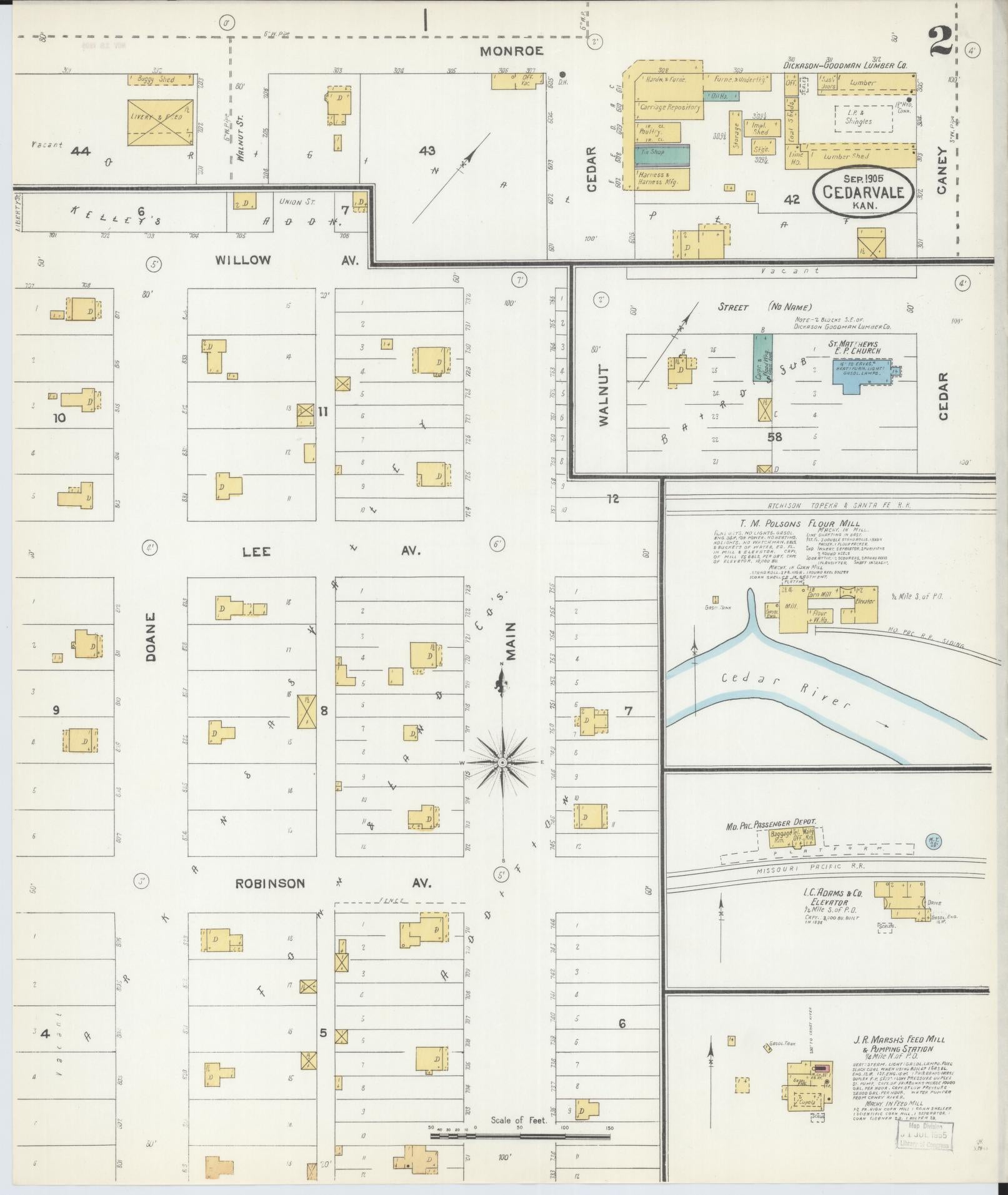 Sanborn Fire Insurance Map from Cedar Vale, Chautauqua County, Kansas (1905), Sheet #0002 - Historic Sanborn Fire Insurance Map Print, vintage old map wall art, antique decor, genealogy gift, Kansas Kansas map