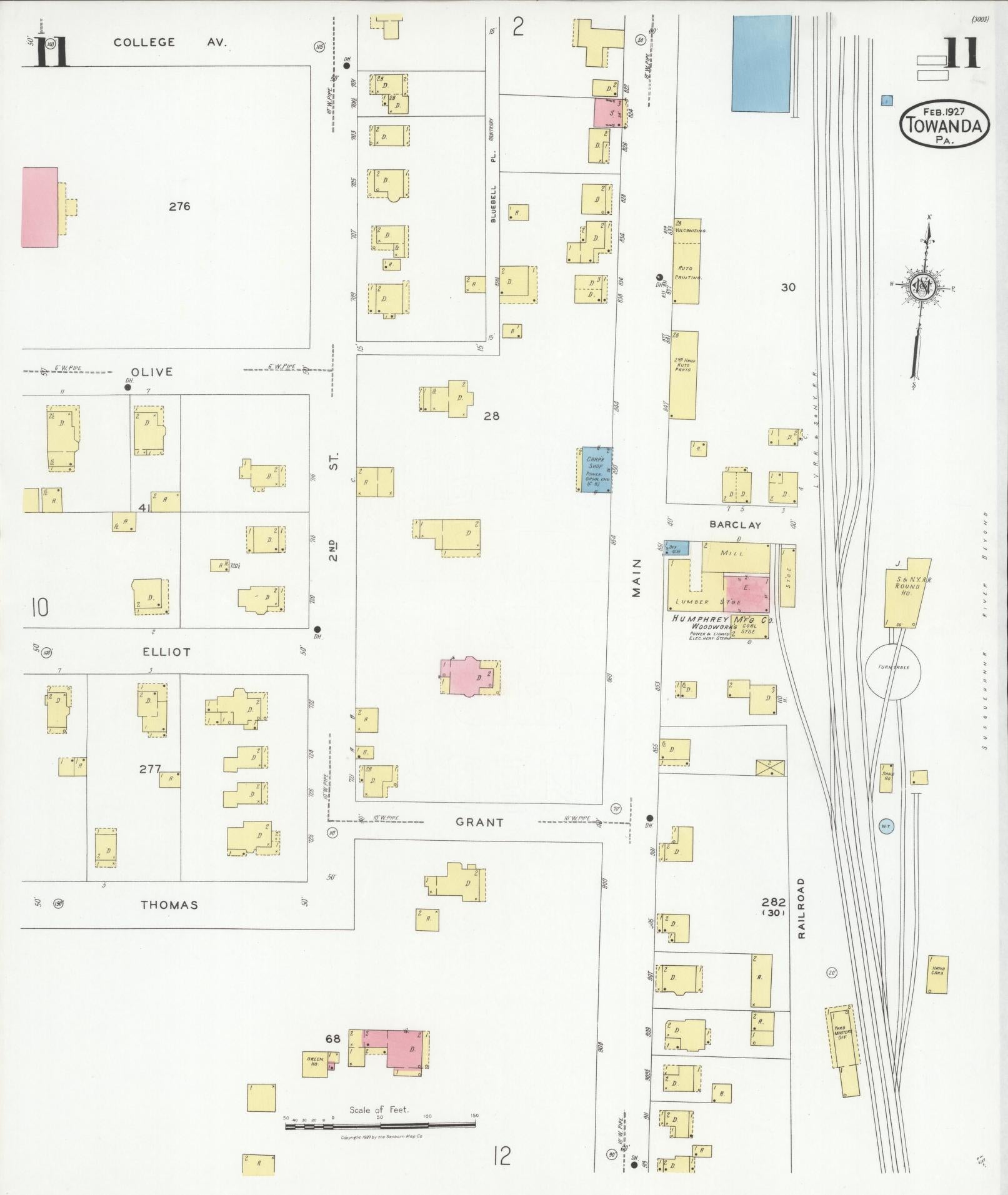 Sanborn Fire Insurance Map from Towanda, Bradford County, Pennsylvania (1927), Sheet #0011 - Historic Sanborn Fire Insurance Map Print, vintage old map wall art, antique decor, genealogy gift, Pennsylvania Pennsylvania map