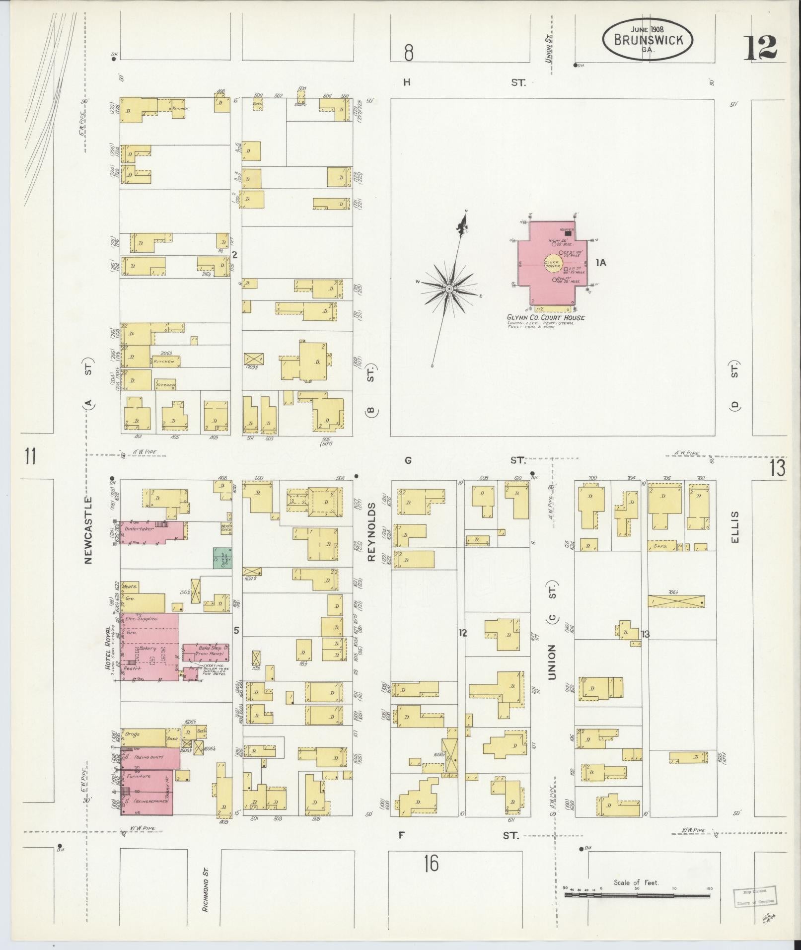 Sanborn Fire Insurance Map from Brunswick, Glynn County, Georgia (1908), Sheet #0012 - Complete Map Set gallery image, historic Sanborn map, vintage wall art, Georgia Georgia