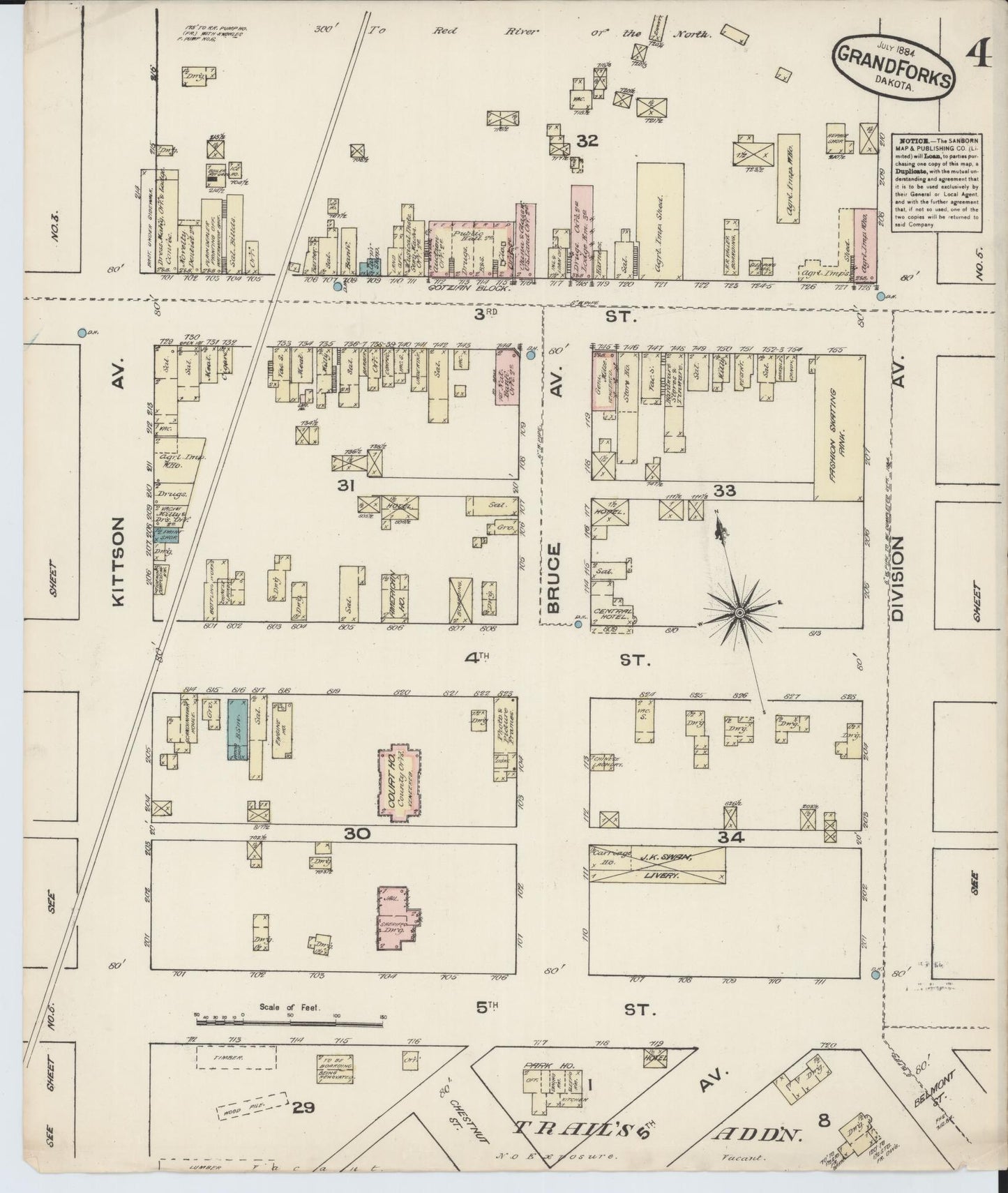 Sanborn Fire Insurance Map from Grand Forks, Grand Forks County, North Dakota (1884), Sheet #0004 - Complete Map Set gallery image, historic Sanborn map, vintage wall art, North Dakota North Dakota