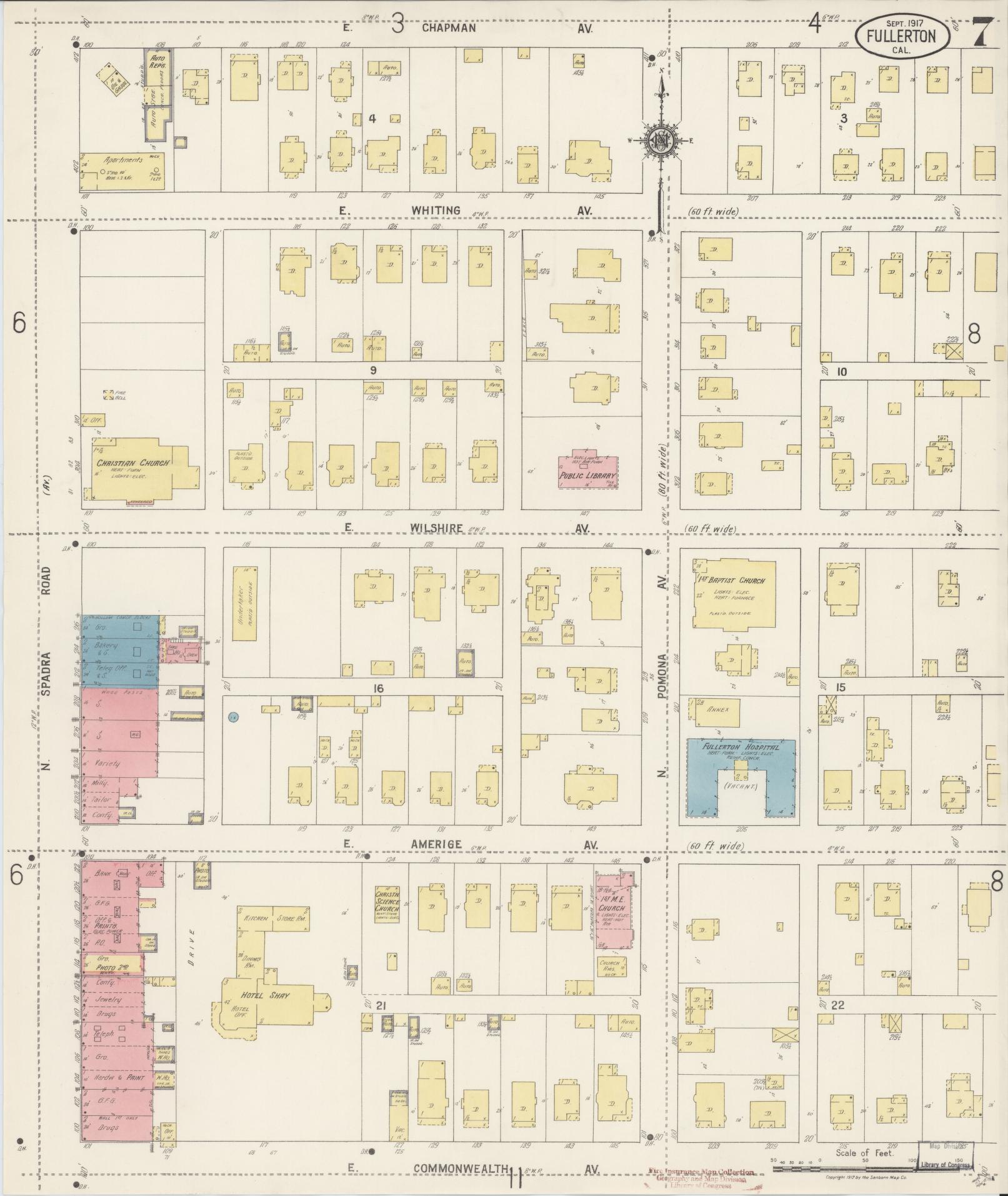Sanborn Fire Insurance Map from Fullerton, Orange County, California (1917), Sheet #0007 - Historic Sanborn Fire Insurance Map Print, vintage old map wall art, antique decor, genealogy gift, California California map