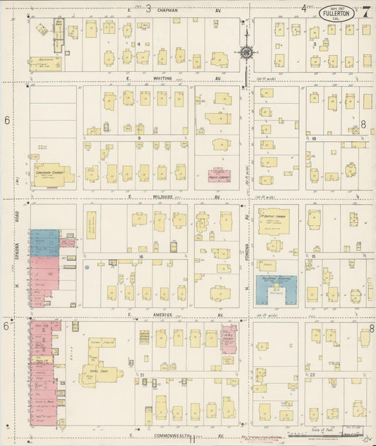 Sanborn Fire Insurance Map from Fullerton, Orange County, California (1917), Sheet #0007 - Historic Sanborn Fire Insurance Map Print, vintage old map wall art, antique decor, genealogy gift, California California map