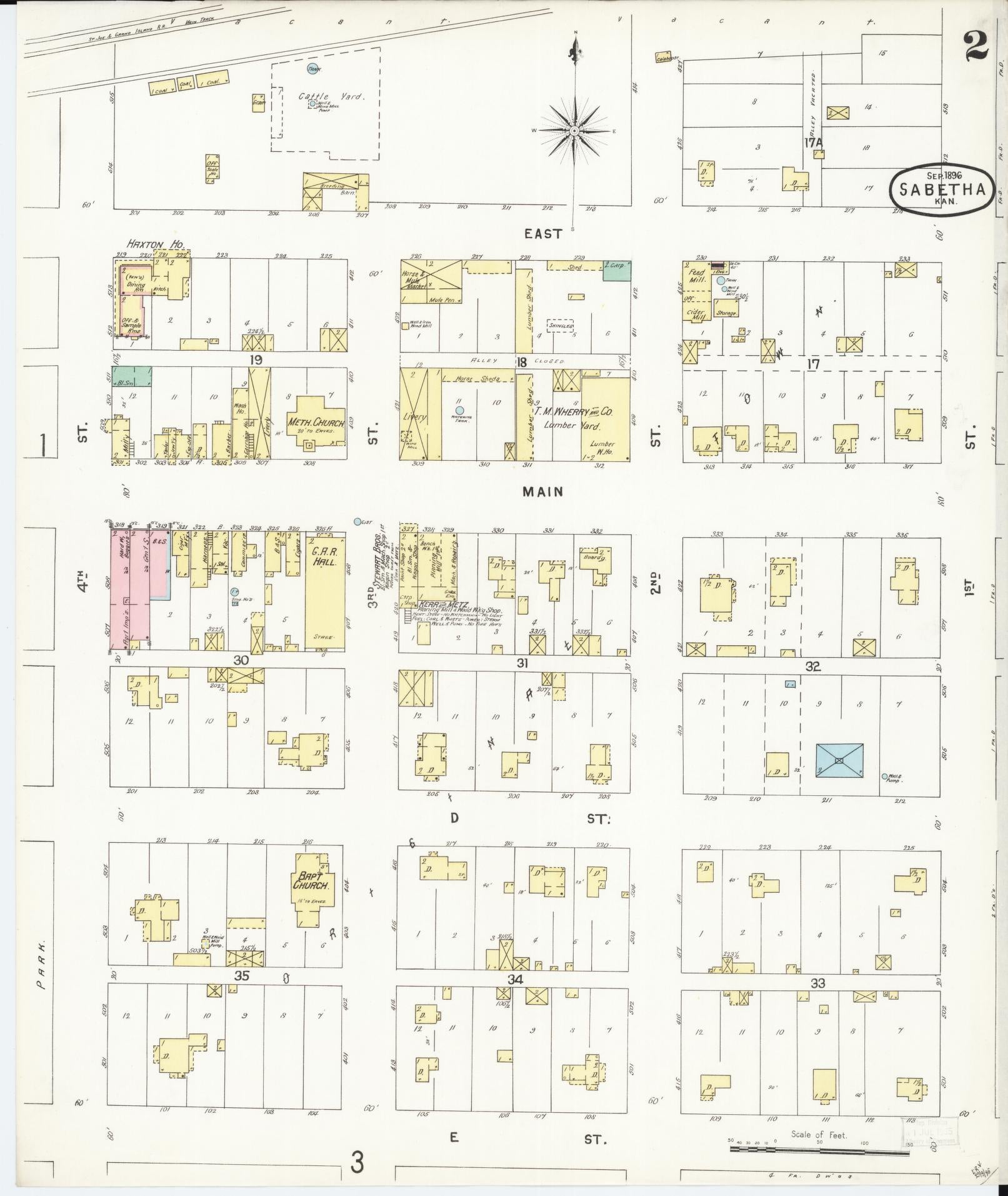 Sanborn Fire Insurance Map from Sabetha, Nemaha County, Kansas (1896), Sheet #0002 - Historic Sanborn Fire Insurance Map Print, vintage old map wall art, antique decor, genealogy gift, Kansas Kansas map