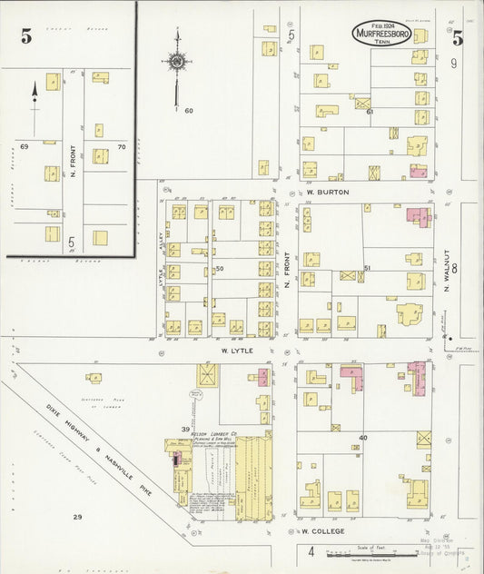 Sanborn Fire Insurance Map from Murfreesboro, Rutherford County, Tennessee (1924), Sheet #0005 - Historic Sanborn Fire Insurance Map Print, vintage old map wall art, antique decor, genealogy gift, Tennessee Tennessee map