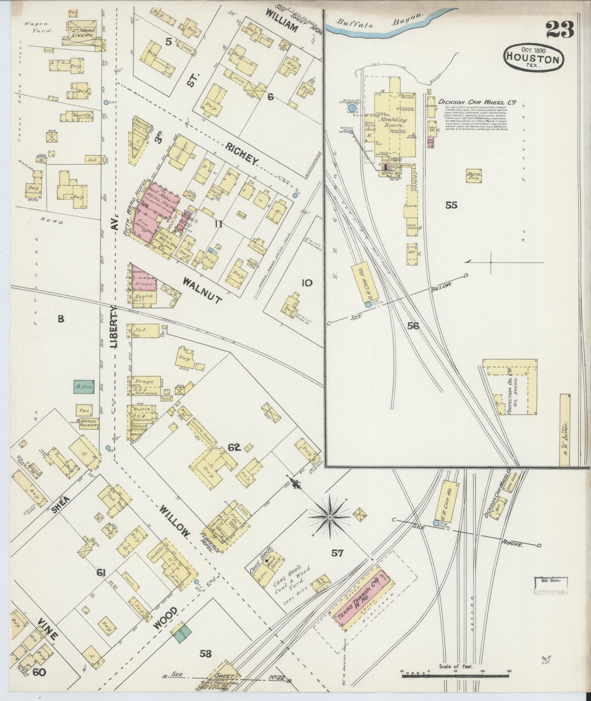 Sanborn Fire Insurance Map from Houston, Harris County, Texas (1890), Sheet #0023 - Historic Sanborn Fire Insurance Map Print, vintage old map wall art, antique decor, genealogy gift, Texas Texas map