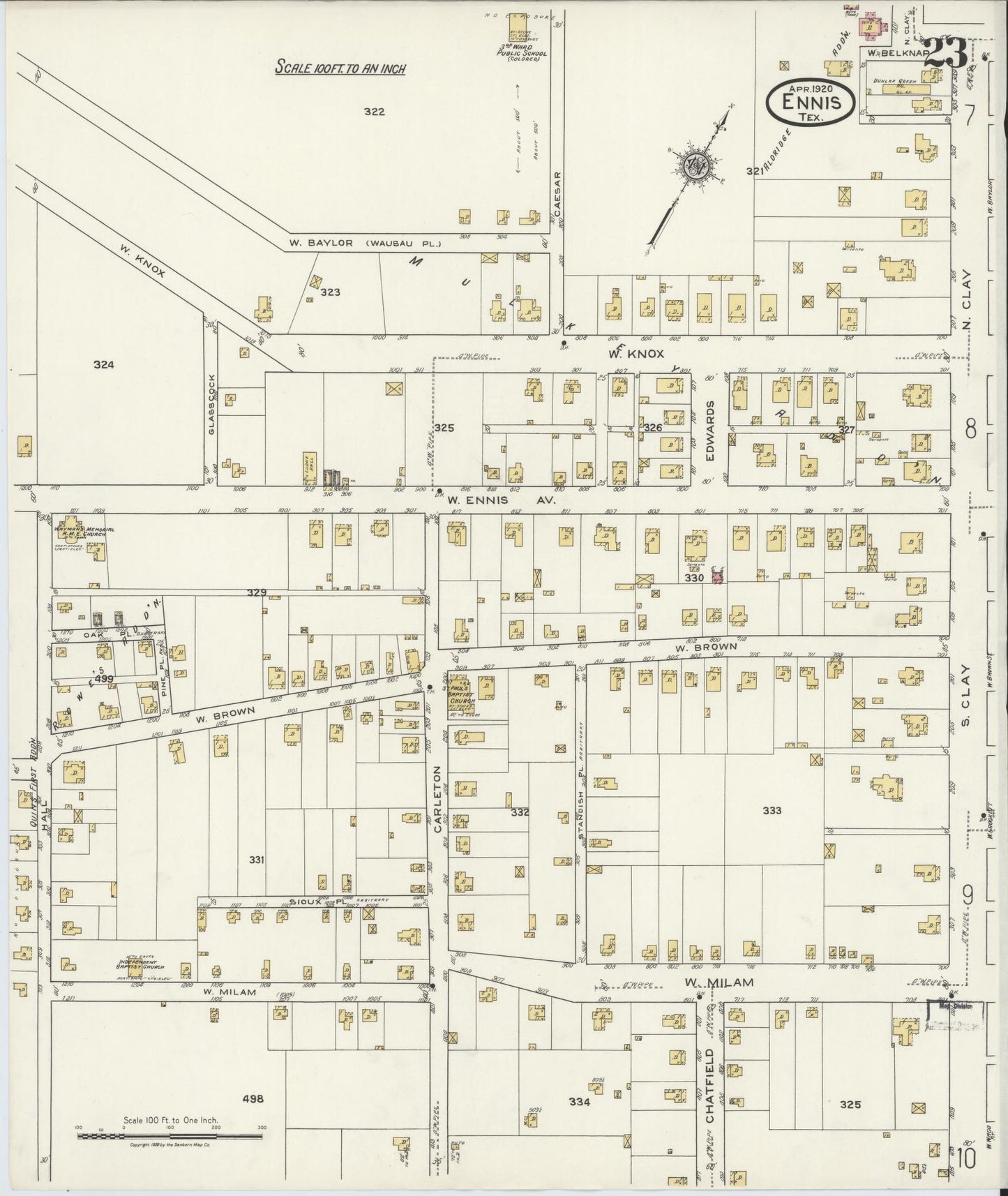 Sanborn Fire Insurance Map from Ennis, Ellis County, Texas (1920), Sheet #0023 - Complete Map Set gallery image, historic Sanborn map, vintage wall art, Texas Texas