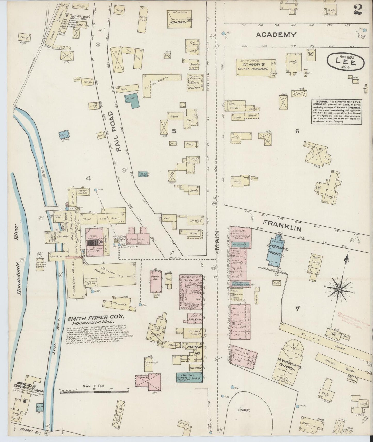 Sanborn Fire Insurance Map from Lee, Berkshire County, Massachusetts (1884), Sheet #0002 - Complete Map Set gallery image, historic Sanborn map, vintage wall art, Massachusetts Massachusetts