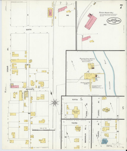 Sanborn Fire Insurance Map from South Pittsburg, Marion County, Tennessee (1907), Sheet #0007 - Historic Sanborn Fire Insurance Map Print, vintage old map wall art, antique decor, genealogy gift, Tennessee Tennessee map