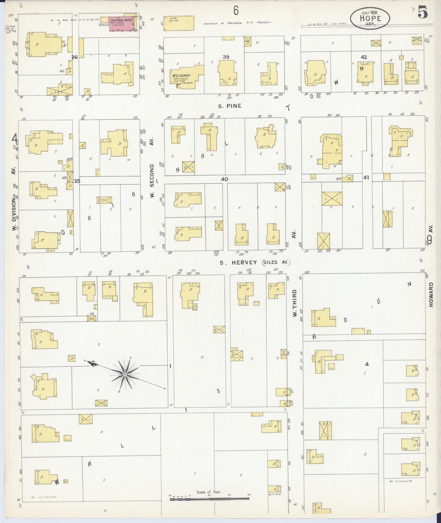Sanborn Fire Insurance Map from Hope, Hempstead County, Arkansas (1908), Sheet #0005 - Complete Map Set gallery image, historic Sanborn map, vintage wall art, Arkansas Arkansas