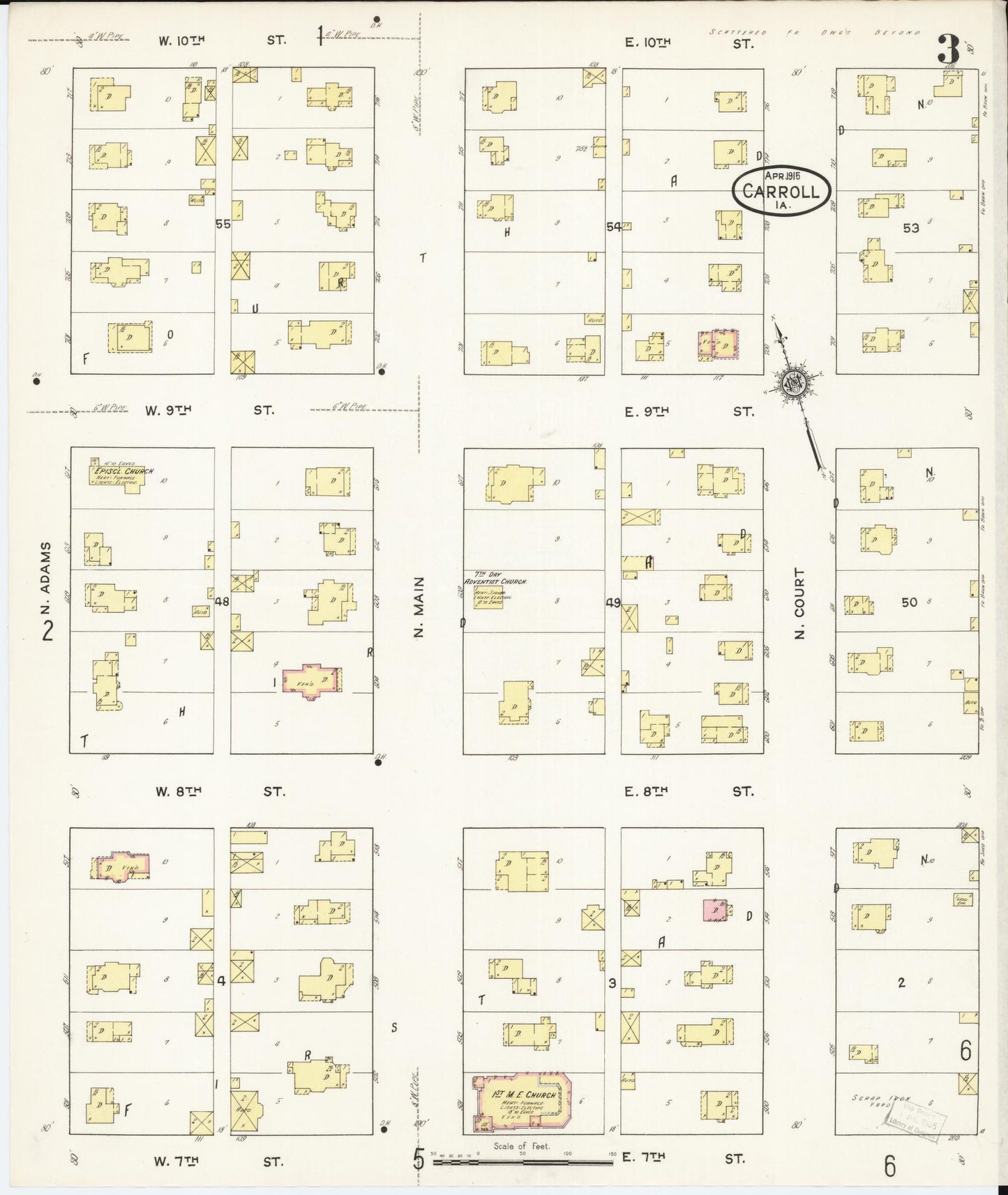 Sanborn Fire Insurance Map from Carroll, Carroll County, Iowa (1915), Sheet #0003 - Historic Sanborn Fire Insurance Map Print, vintage old map wall art