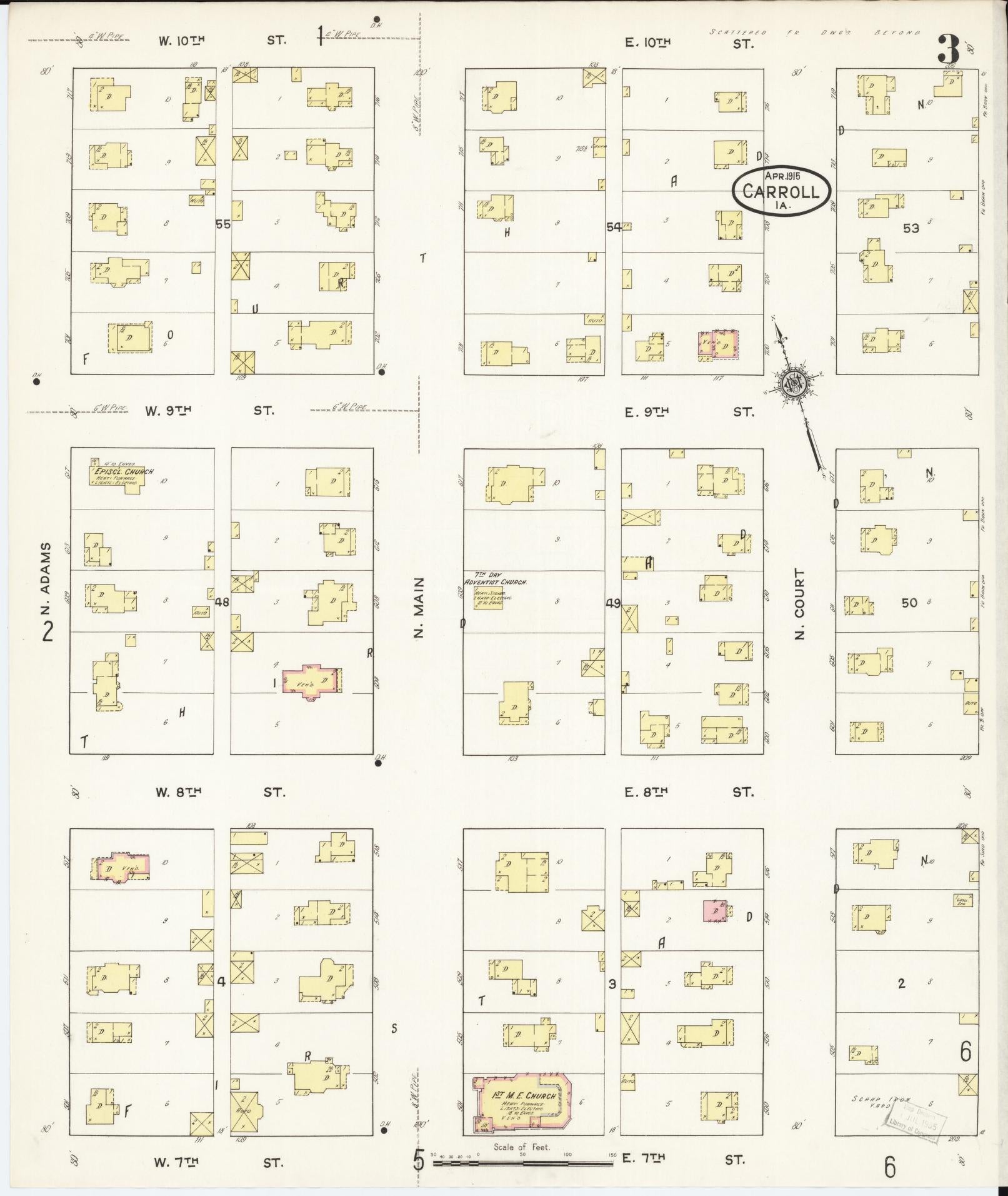 Sanborn Fire Insurance Map from Carroll, Carroll County, Iowa (1915), Sheet #0003 - Historic Sanborn Fire Insurance Map Print, vintage old map wall art