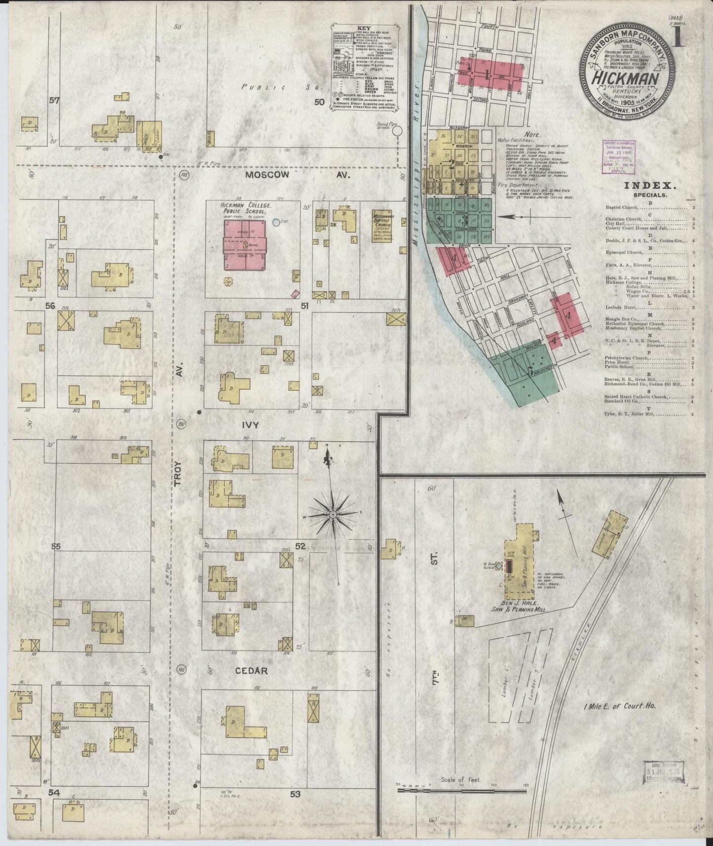 Sanborn Fire Insurance Map from Hickman, Fulton County, Kentucky (1905), Sheet #0001 - Complete Map Set gallery image, historic Sanborn map, vintage wall art, Kentucky Kentucky