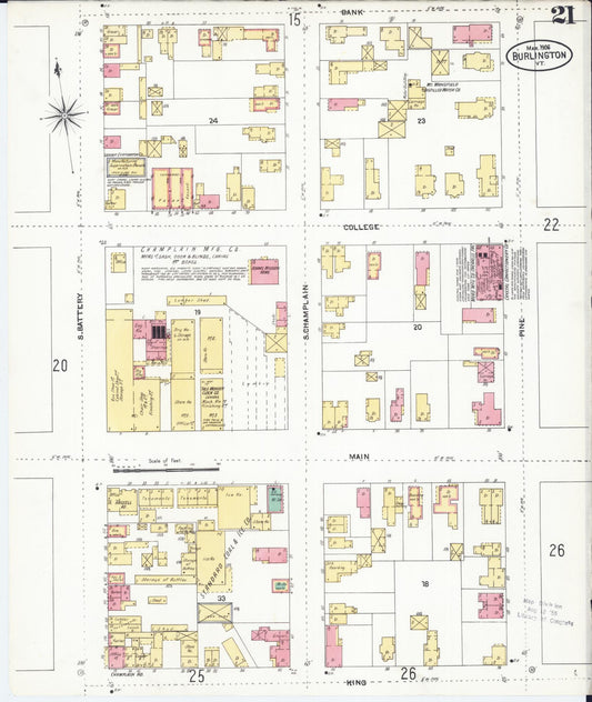 Sanborn Fire Insurance Map from Burlington, Chittenden County, Vermont (1906), Sheet #0021 - Historic Sanborn Fire Insurance Map Print, vintage old map wall art, antique decor, genealogy gift, Vermont Vermont map