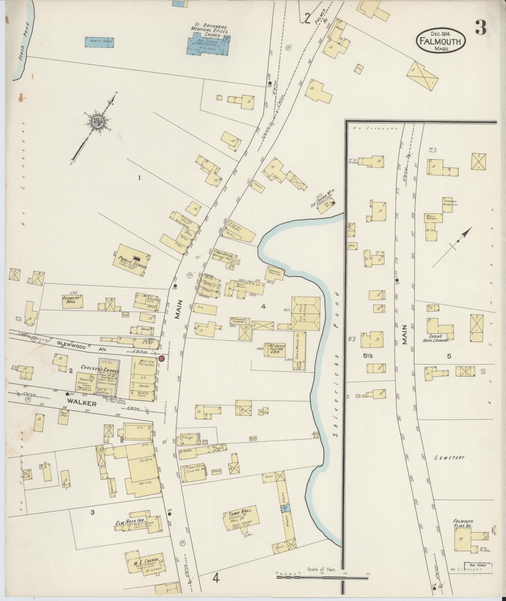 Sanborn Fire Insurance Map from Falmouth, Barnstable County, Massachusetts (1914), Sheet #0003 - Complete Map Set gallery image, historic Sanborn map, vintage wall art, Massachusetts Massachusetts