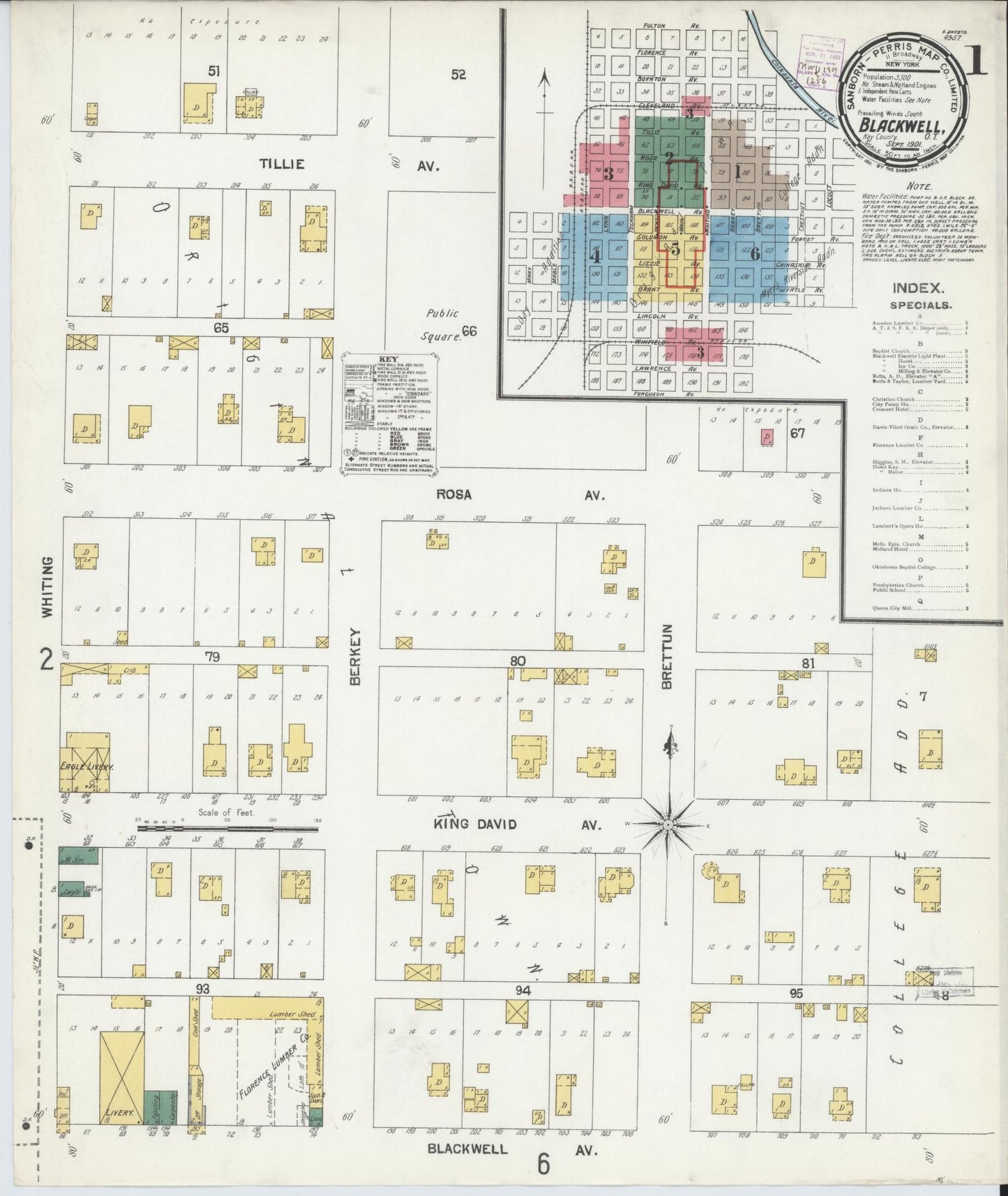 Sanborn Fire Insurance Map from Blackwell, Kay County, Oklahoma (1901), Sheet #0001 - Historic Sanborn Fire Insurance Map Print, vintage old map wall art, antique decor, genealogy gift, Oklahoma Oklahoma map