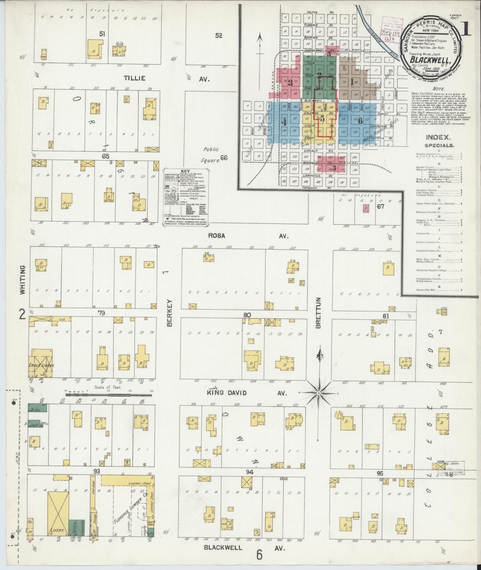 Sanborn Fire Insurance Map from Blackwell, Kay County, Oklahoma (1901), Sheet #0001 - Historic Sanborn Fire Insurance Map Print, vintage old map wall art, antique decor, genealogy gift, Oklahoma Oklahoma map