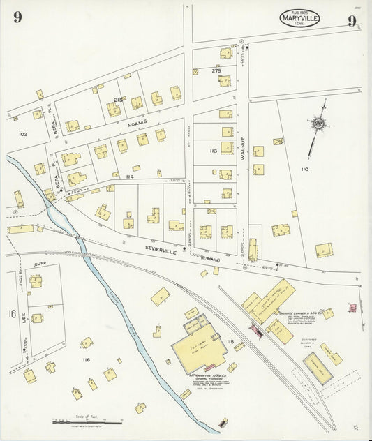 Sanborn Fire Insurance Map from Maryville, Blount County, Tennessee (1925), Sheet #0009 - Historic Sanborn Fire Insurance Map Print, vintage old map wall art, antique decor, genealogy gift, Tennessee Tennessee map