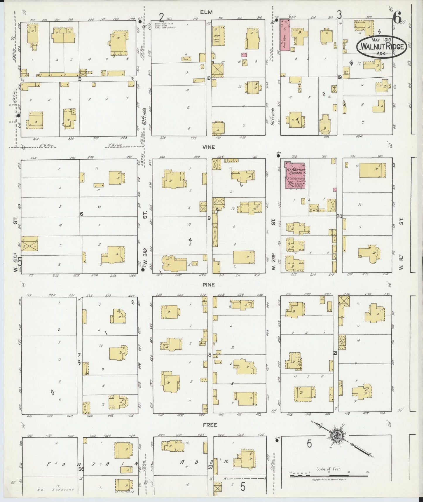 Sanborn Fire Insurance Map from Walnut Ridge, Lawrence County, Arkansas (1919), Sheet #0006 - Historic Sanborn Fire Insurance Map Print, vintage old map wall art, antique decor, genealogy gift, Arkansas Arkansas map
