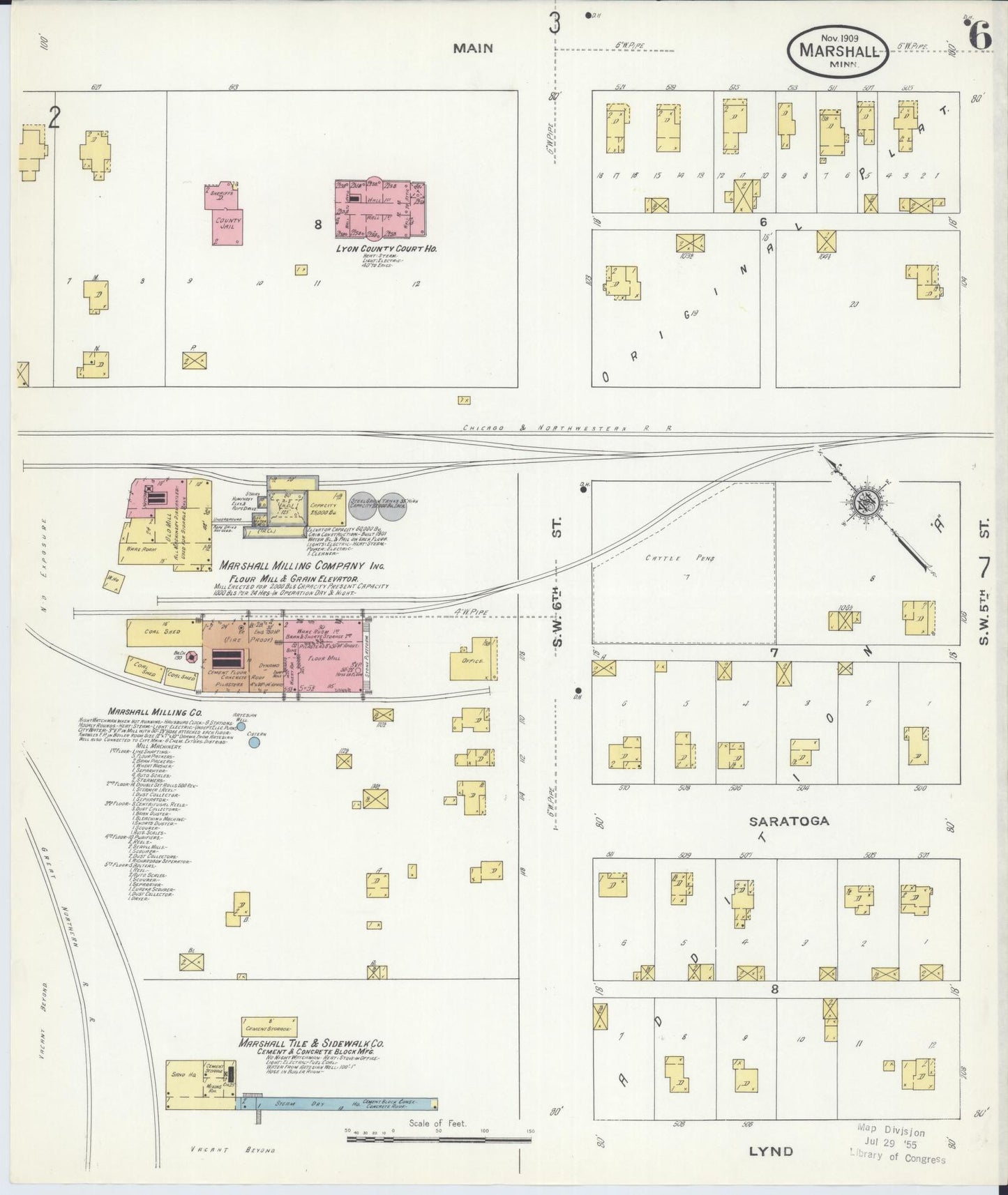 Sanborn Fire Insurance Map from Marshall, Lyon County, Minnesota (1909), Sheet #0006 - Complete Map Set gallery image, historic Sanborn map, vintage wall art, Minnesota Minnesota