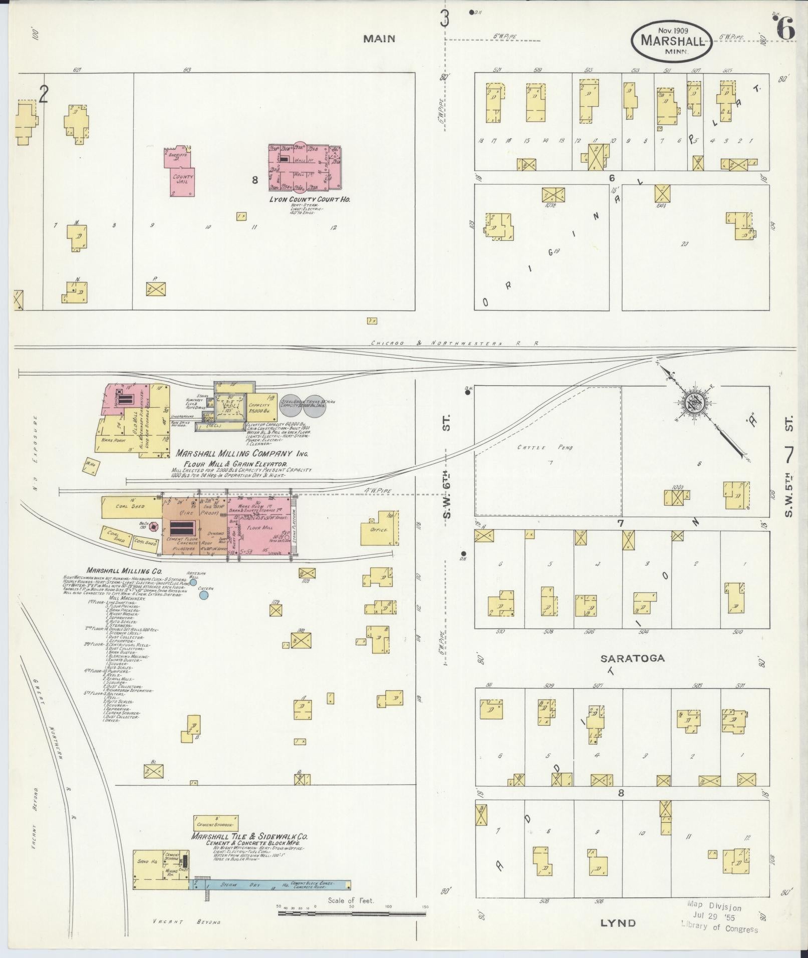Sanborn Fire Insurance Map from Marshall, Lyon County, Minnesota (1909), Sheet #0006 - Complete Map Set gallery image, historic Sanborn map, vintage wall art, Minnesota Minnesota