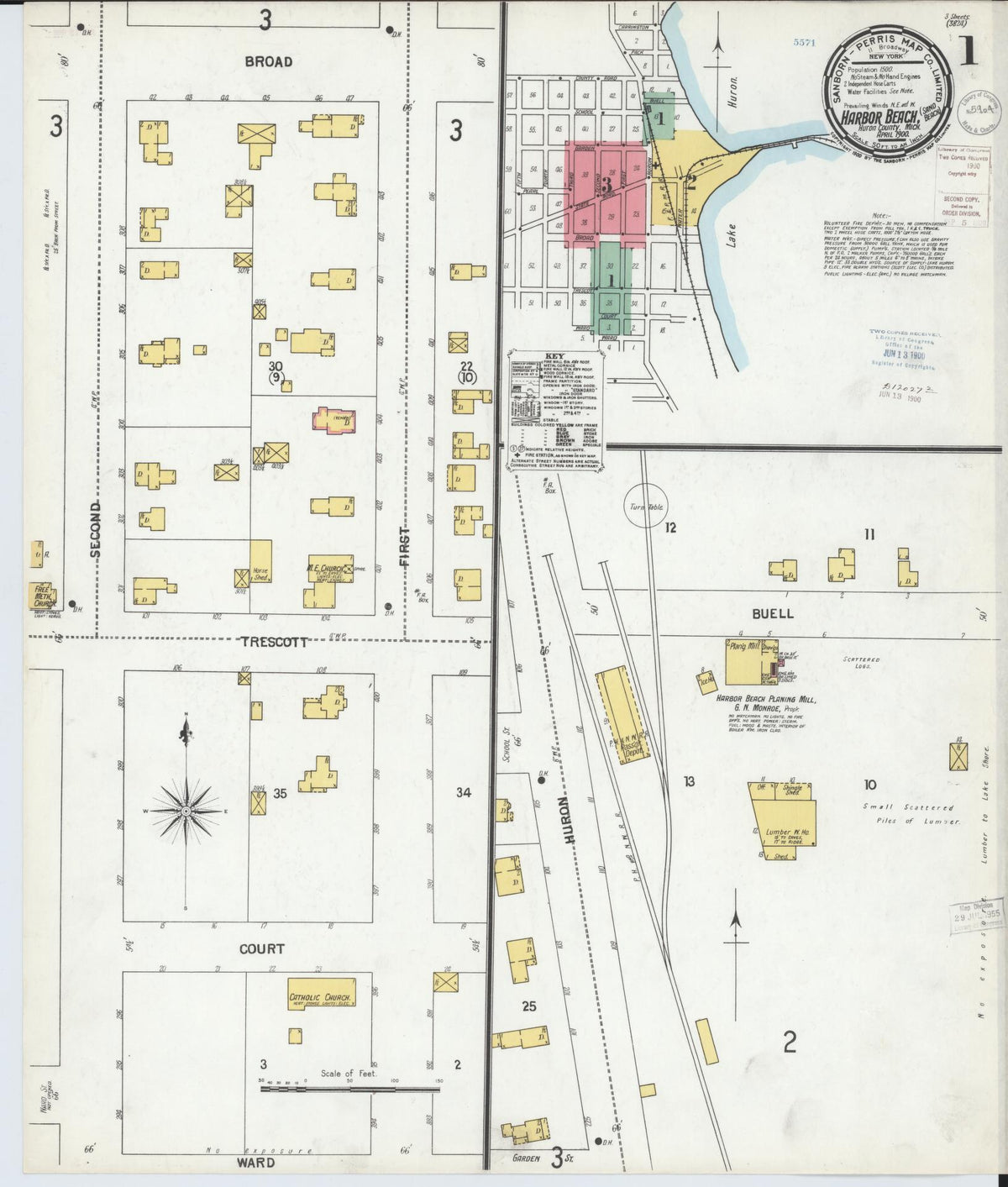 Sanborn Fire Insurance Map from Harbor Beach, Huron County, Michigan (1900), Sheet #0001 - Historic Sanborn Fire Insurance Map Print, vintage old map wall art, antique decor, genealogy gift, Michigan Michigan map