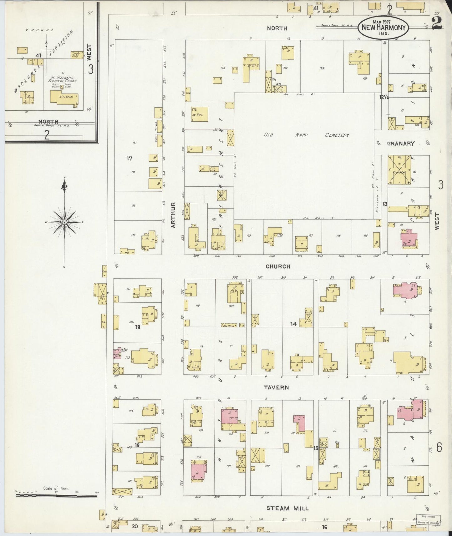 Sanborn Fire Insurance Map from New Harmony, Posey County, Indiana (1907), Sheet #0002 - Complete Map Set gallery image, historic Sanborn map, vintage wall art, Indiana Indiana