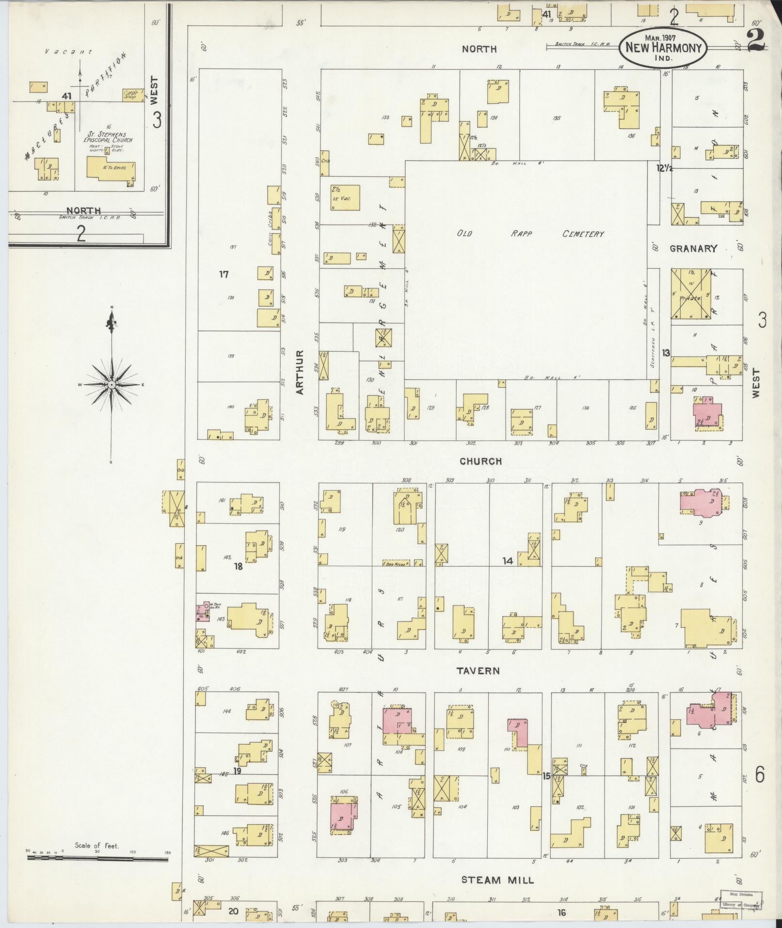 Sanborn Fire Insurance Map from New Harmony, Posey County, Indiana (1907), Sheet #0002 - Complete Map Set gallery image, historic Sanborn map, vintage wall art, Indiana Indiana