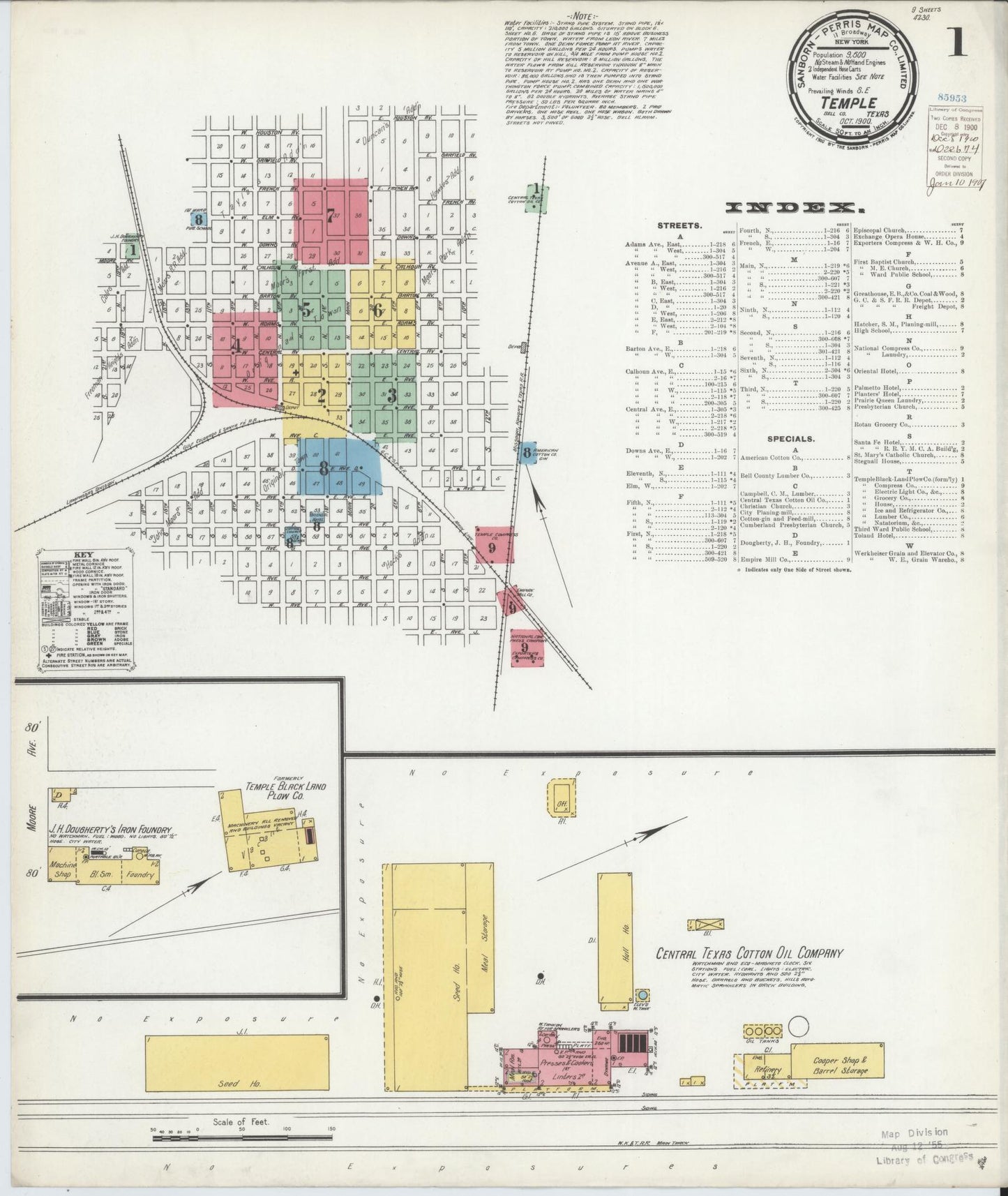Sanborn Fire Insurance Map from Temple, Bell County, Texas (1900), Sheet #0001 - Complete Map Set gallery image, historic Sanborn map, vintage wall art, Texas Texas