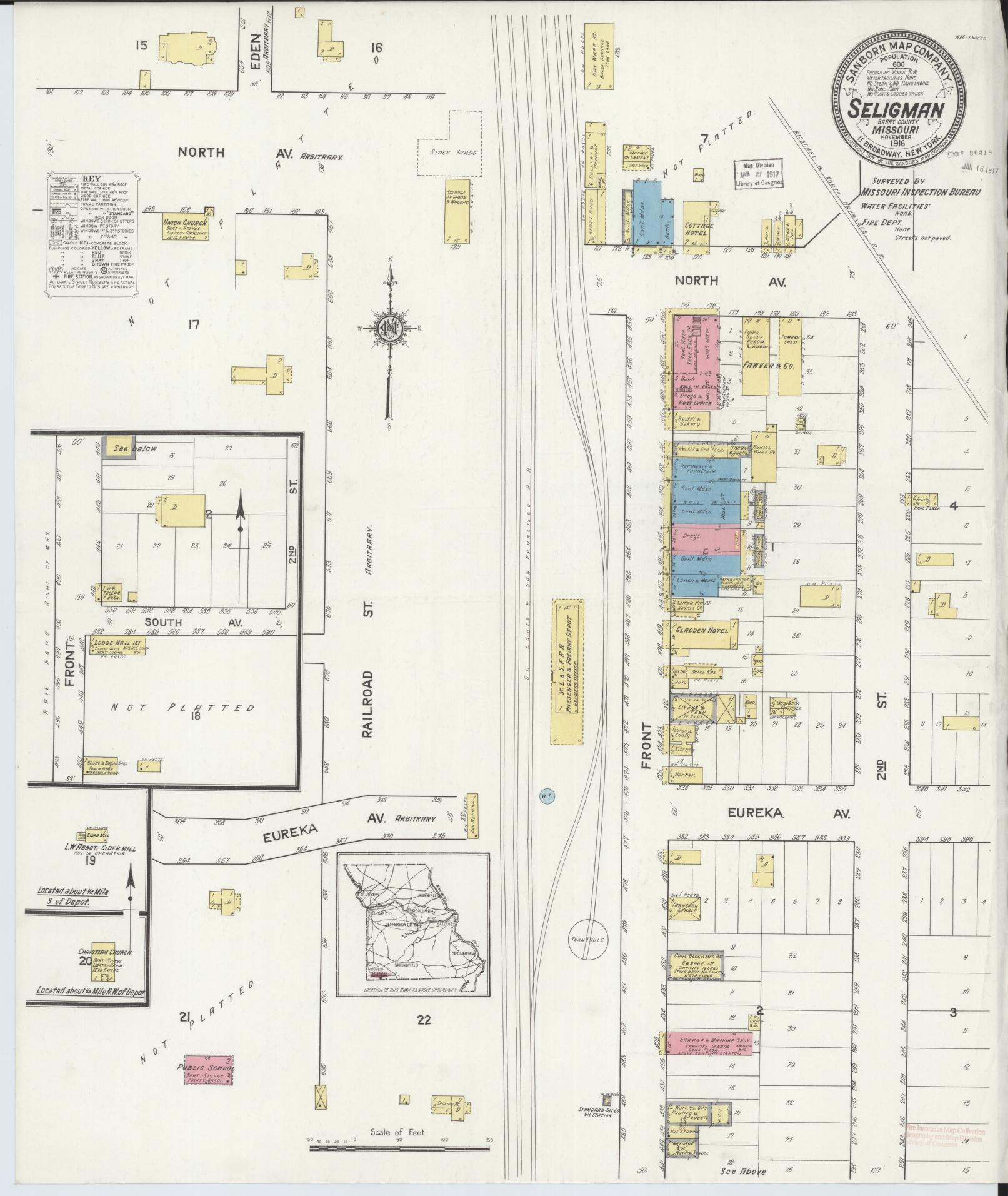 Sanborn Fire Insurance Map from Seligman, Barry County, Missouri (1916), Sheet #0001 - Historic Sanborn Fire Insurance Map Print, vintage old map wall art, antique decor, genealogy gift, Missouri Missouri map