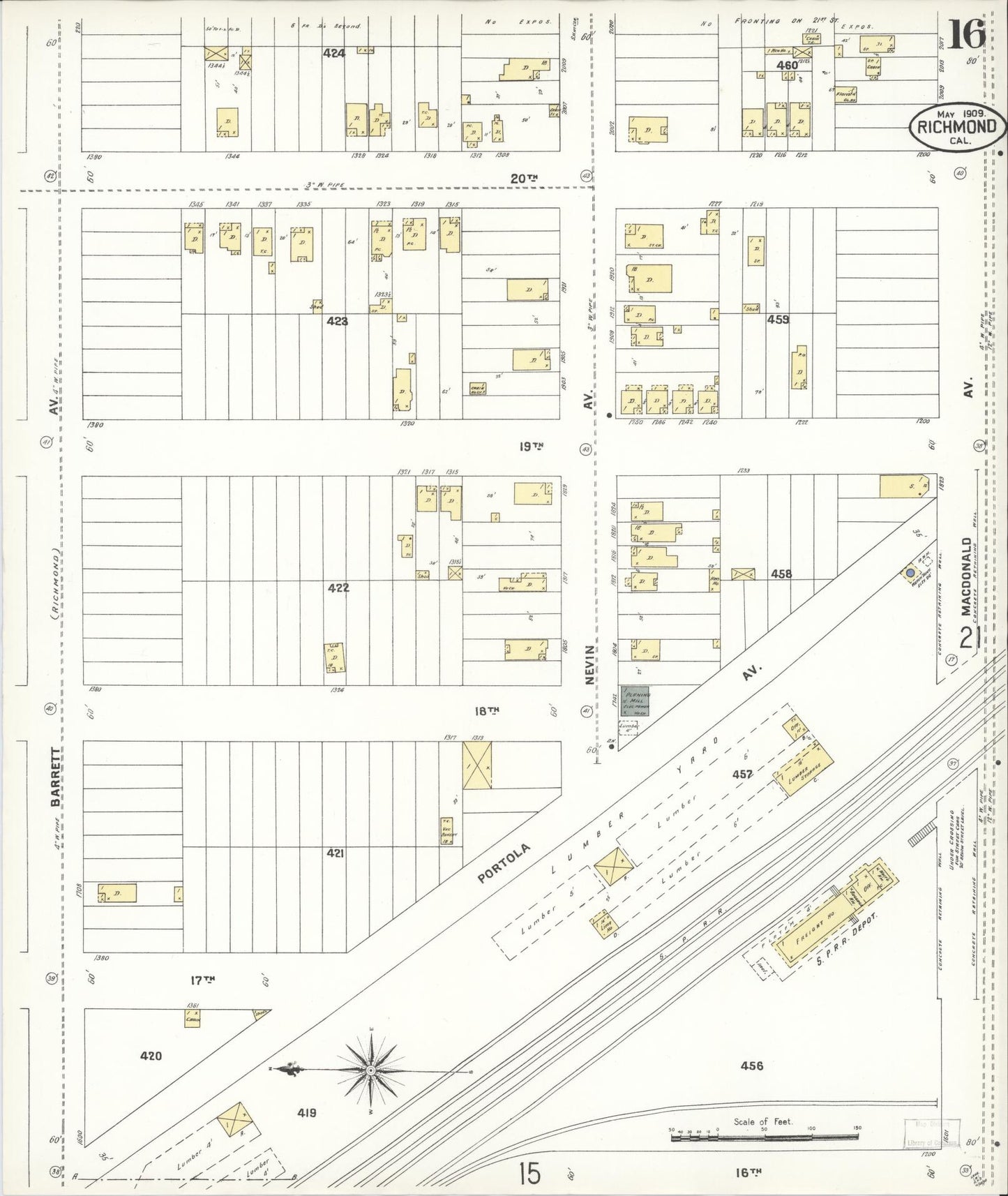Sanborn Fire Insurance Map from Richmond, Contra Costa County, California (1909), Sheet #0016 - Complete Map Set gallery image, historic Sanborn map, vintage wall art, California California