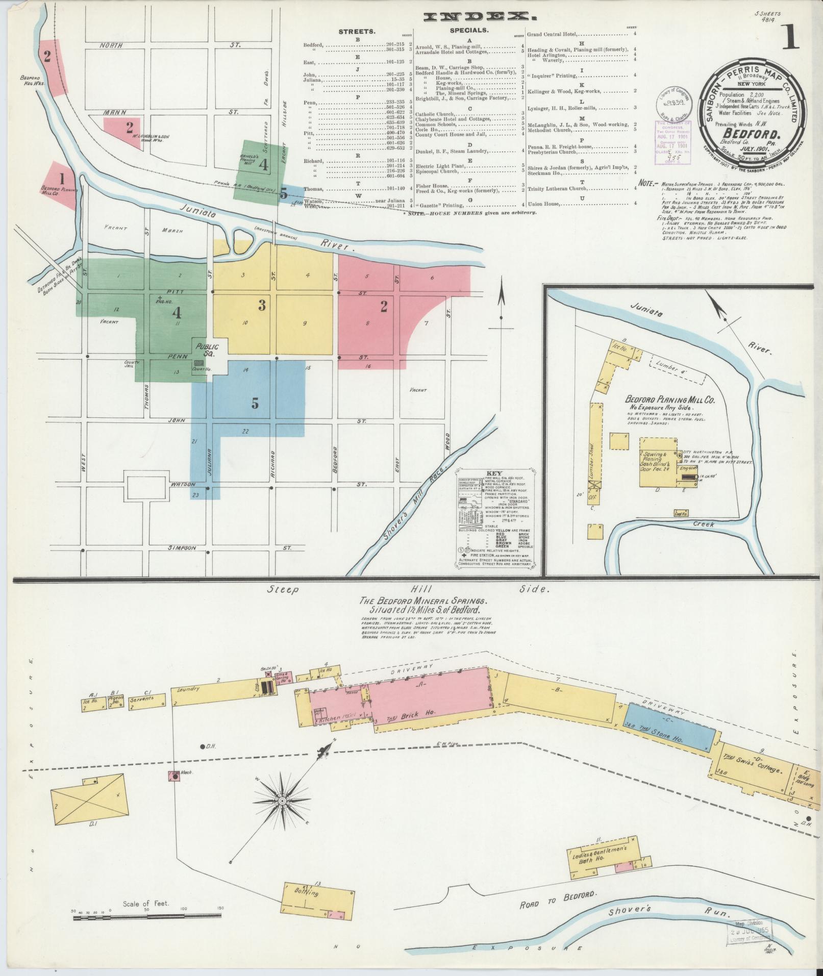 Sanborn Fire Insurance Map from Bedford, Bedford County, Pennsylvania (1901), Sheet #0001 - Historic Sanborn Fire Insurance Map Print, vintage old map wall art, antique decor, genealogy gift, Pennsylvania Pennsylvania map