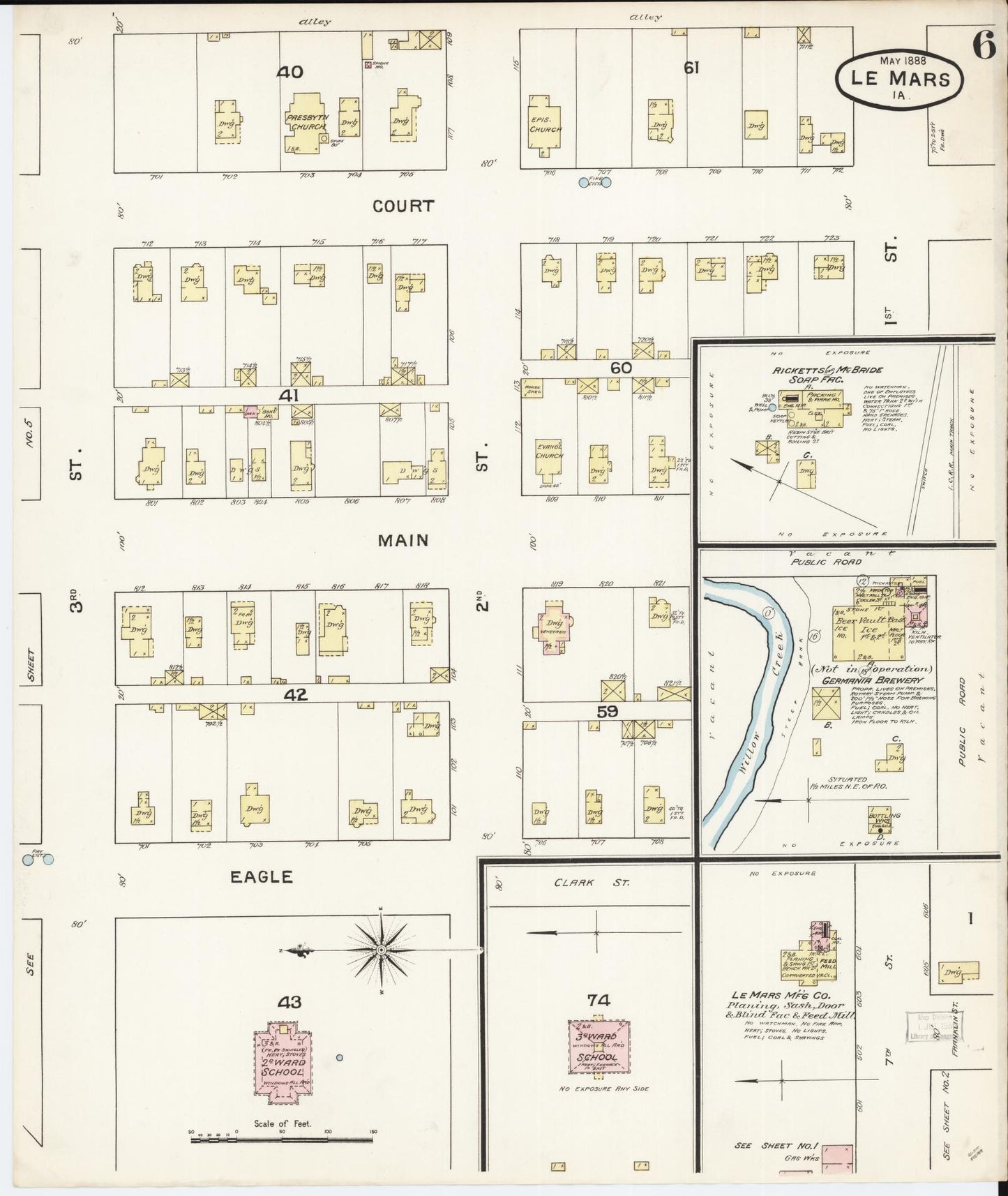 Sanborn Fire Insurance Map from Le Mars, Plymouth County, Iowa (1888), Sheet #0006 - Historic Sanborn Fire Insurance Map Print, vintage old map wall art