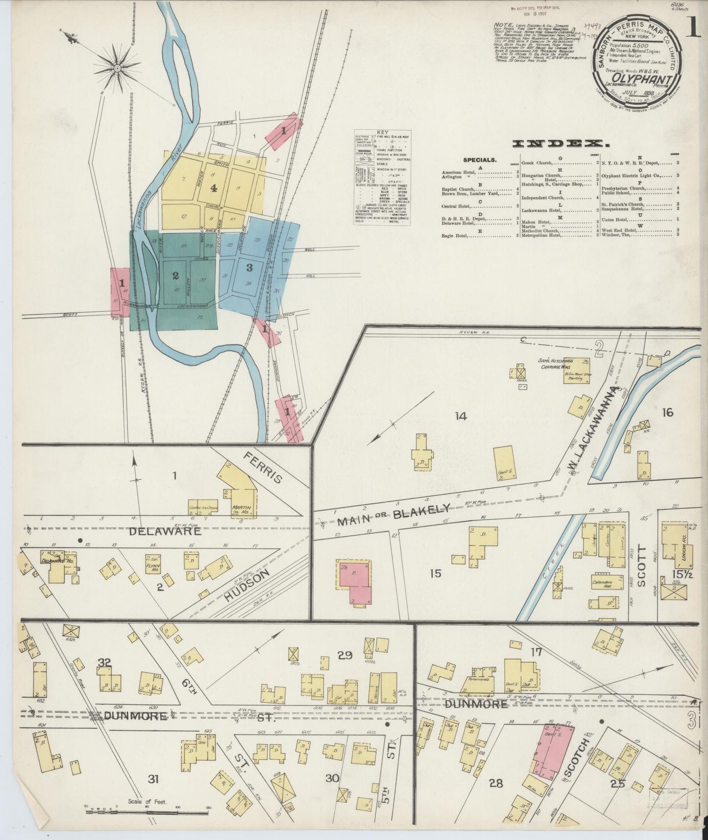Sanborn Fire Insurance Map from Olyphant, Lackawanna County, Pennsylvania (1893), Sheet #0001 - Complete Map Set gallery image, historic Sanborn map, vintage wall art, Pennsylvania Pennsylvania
