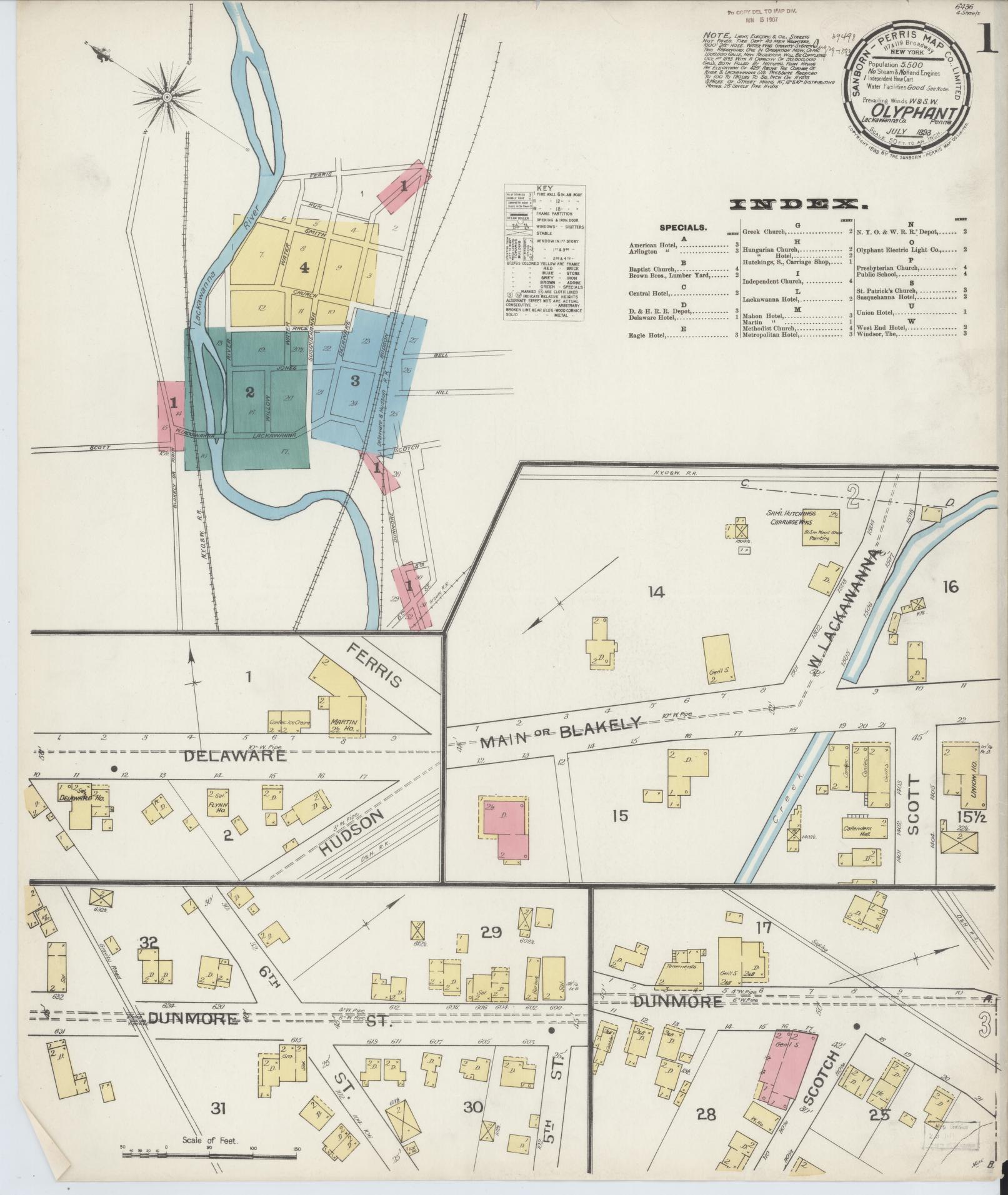 Sanborn Fire Insurance Map from Olyphant, Lackawanna County, Pennsylvania (1893), Sheet #0001 - Complete Map Set gallery image, historic Sanborn map, vintage wall art, Pennsylvania Pennsylvania