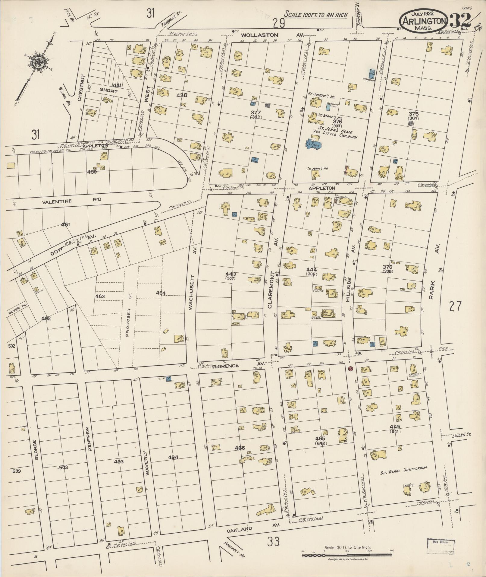 Sanborn Fire Insurance Map from Arlington, Middlesex County, Massachusetts (1922), Sheet #0032 - Historic Sanborn Fire Insurance Map Print, vintage old map wall art, antique decor, genealogy gift, Massachusetts Massachusetts map