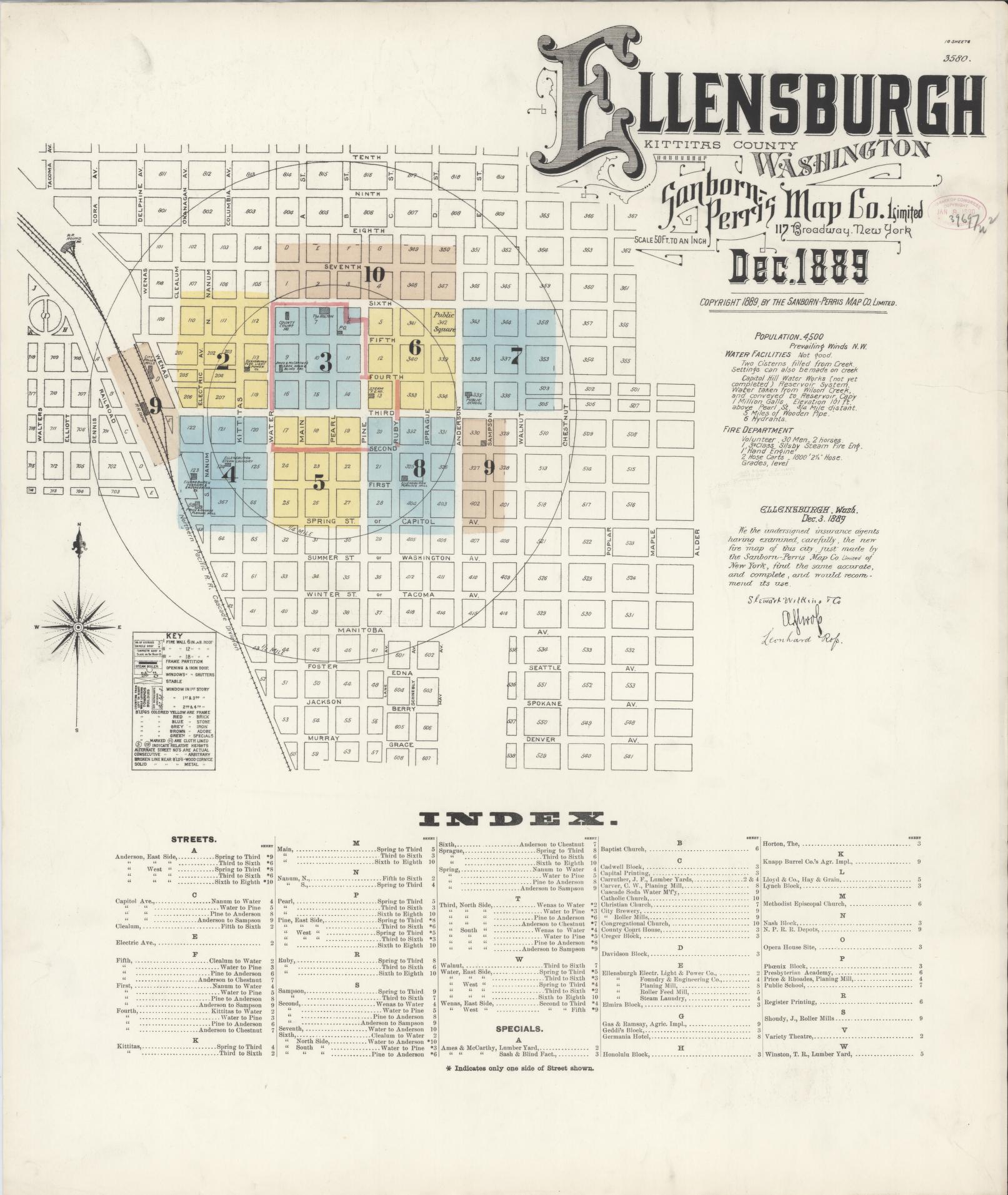 Sanborn Fire Insurance Map from Ellensburg, Kittitas County, Washington (1889), Sheet #0001 - Complete Map Set gallery image, historic Sanborn map, vintage wall art, Washington Washington