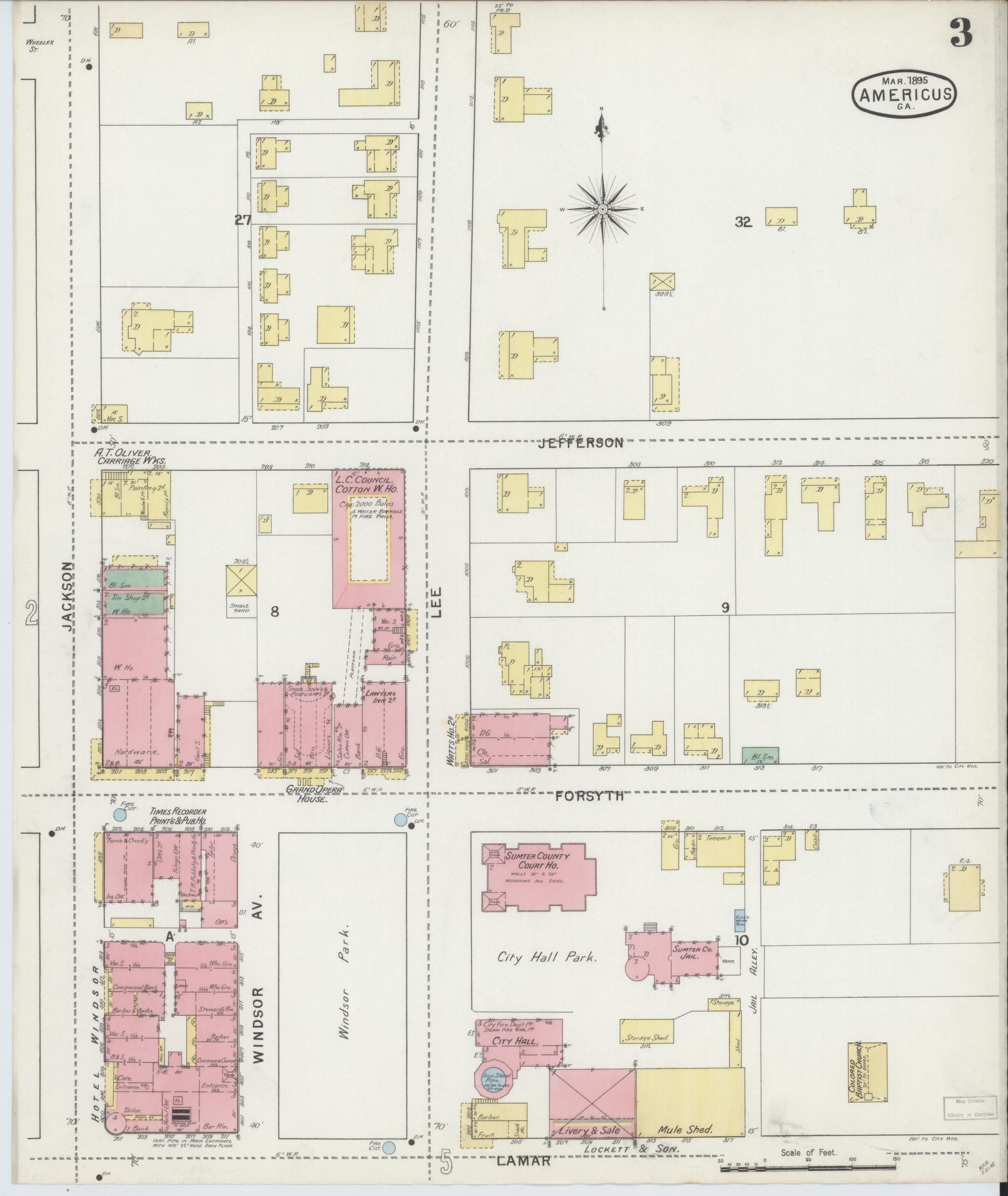 Sanborn Fire Insurance Map from Americus, Sumter County, Georgia (1895), Sheet #0003 - Historic Sanborn Fire Insurance Map Print, vintage old map wall art, antique decor, genealogy gift, Georgia Georgia map