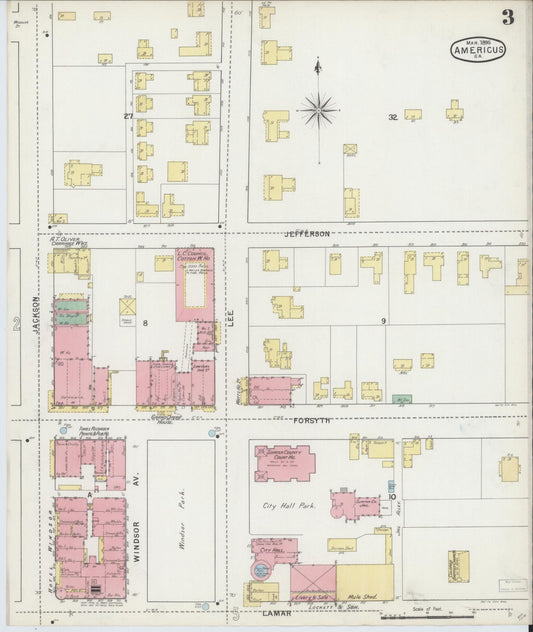 Sanborn Fire Insurance Map from Americus, Sumter County, Georgia (1895), Sheet #0003 - Historic Sanborn Fire Insurance Map Print, vintage old map wall art, antique decor, genealogy gift, Georgia Georgia map