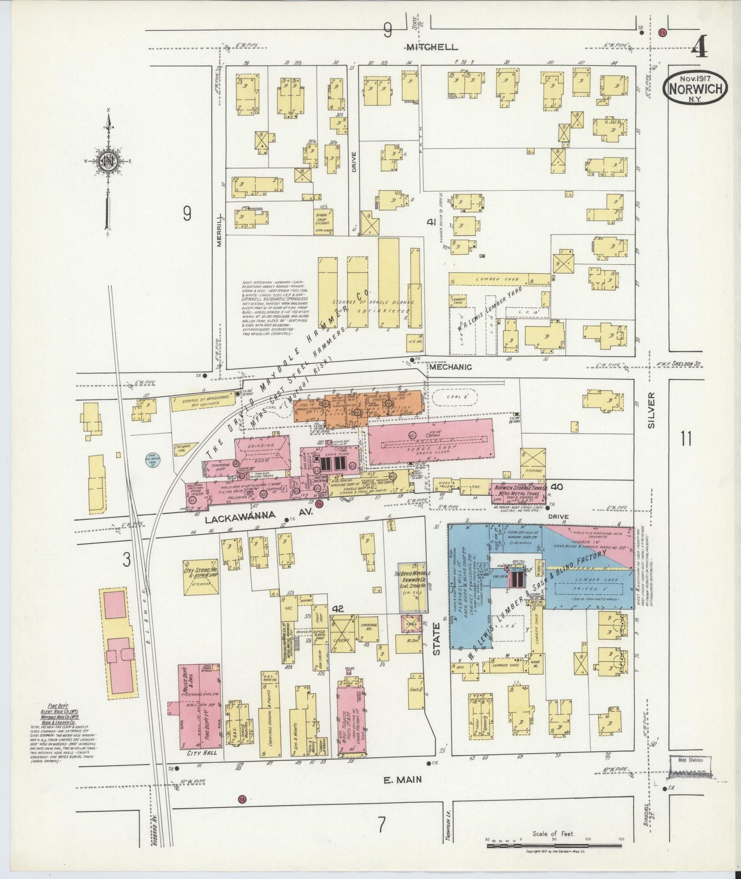Sanborn Fire Insurance Map from Norwich, Chenango County, New York (1917), Sheet #0004 - Historic Sanborn Fire Insurance Map Print, vintage old map wall art, antique decor, genealogy gift, New York New York map
