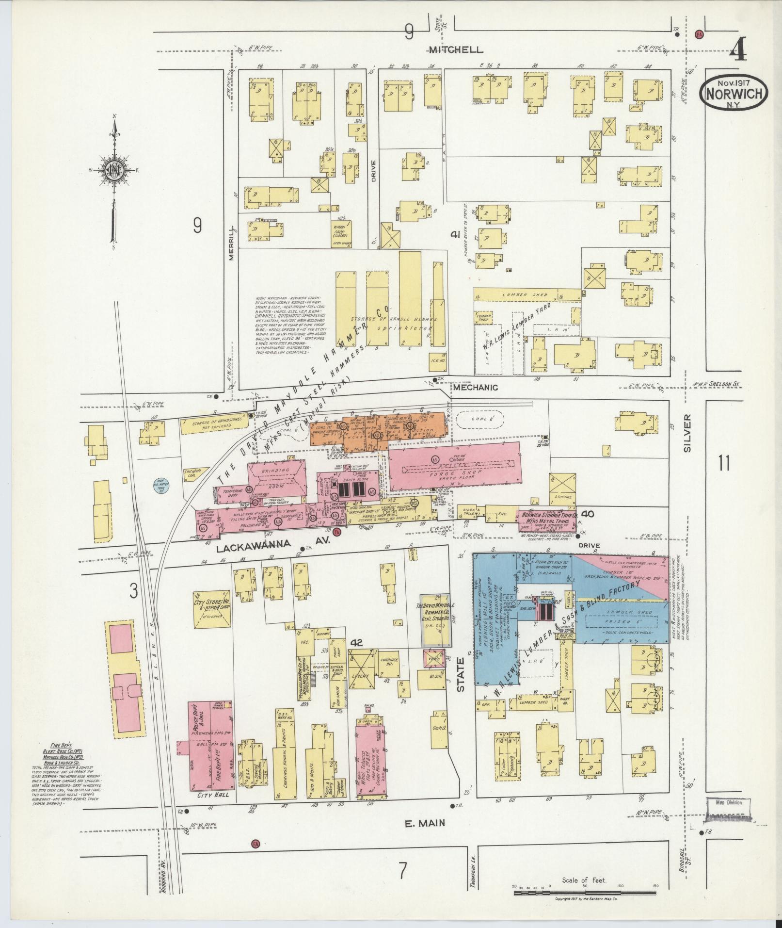 Sanborn Fire Insurance Map from Norwich, Chenango County, New York (1917), Sheet #0004 - Historic Sanborn Fire Insurance Map Print, vintage old map wall art, antique decor, genealogy gift, New York New York map